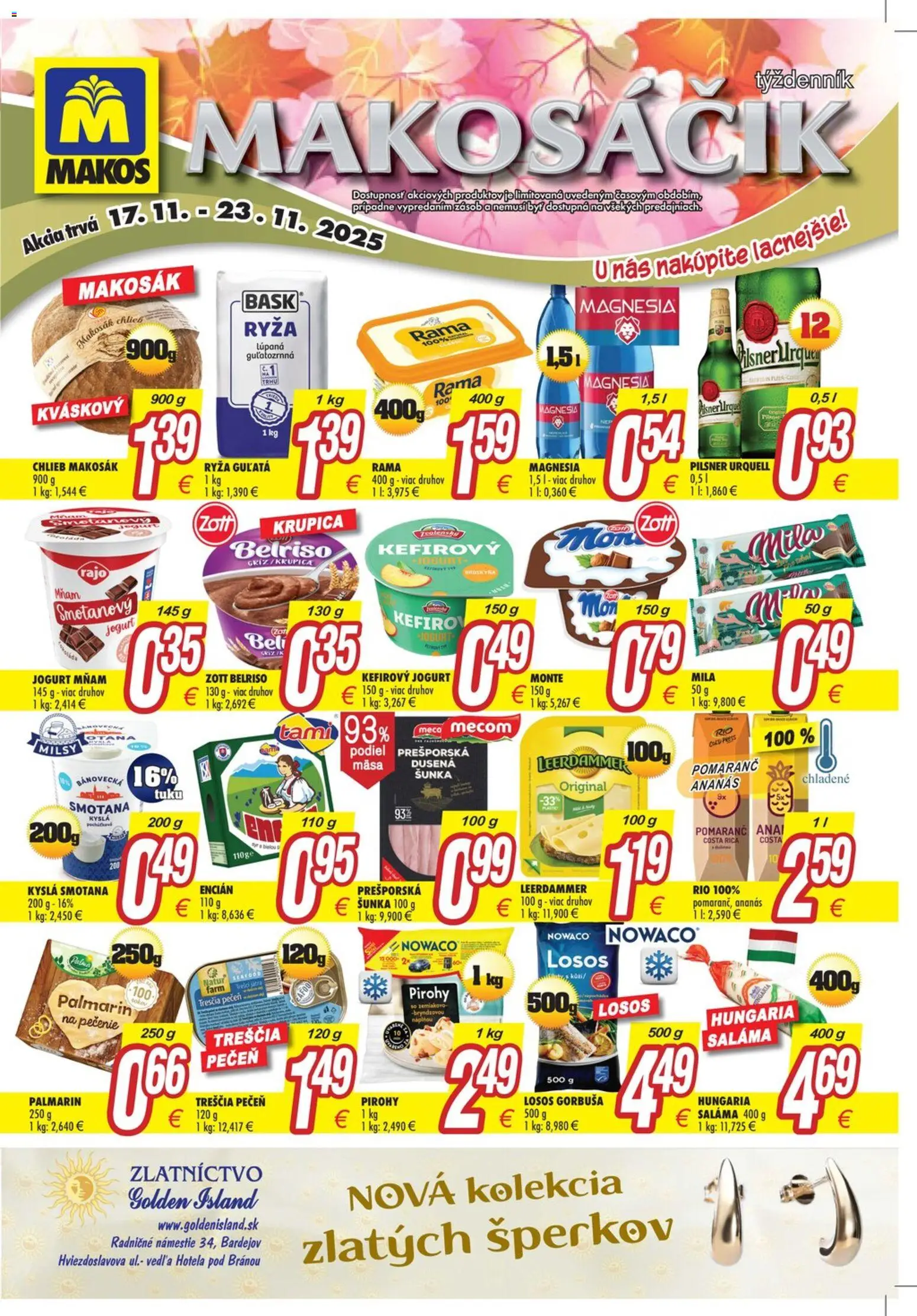 Nové Makos akcie – leták je platný od 17.11.2025 | Strana: 2 | Produkty: Chlieb, Šunka, Smotana, Losos
