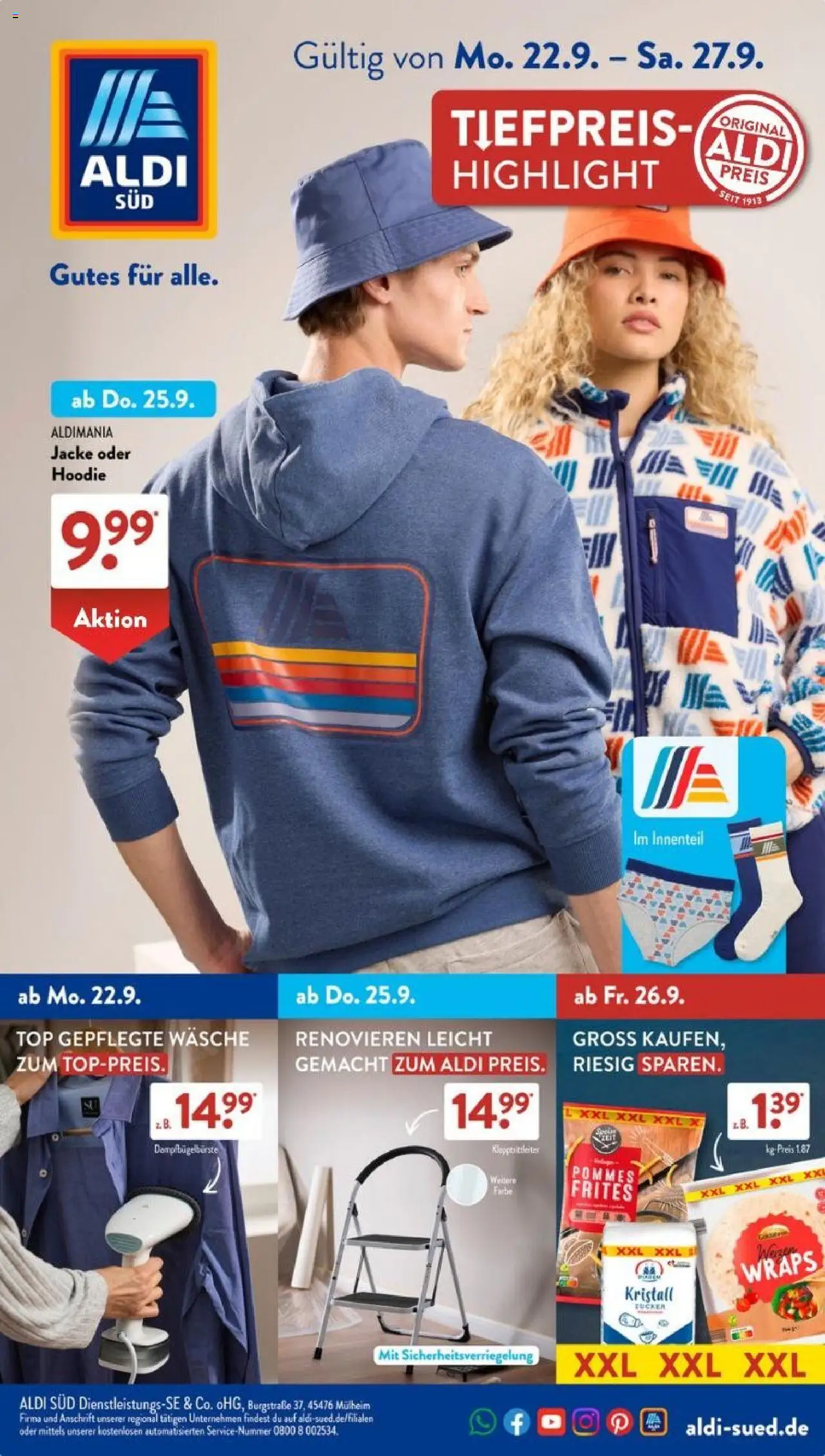 Aldi Süd Prospekt 	 – gültig ab 22.09.2025 | Seite: 1 | Produkte: Top, Hoodie, Pommes, Zucker