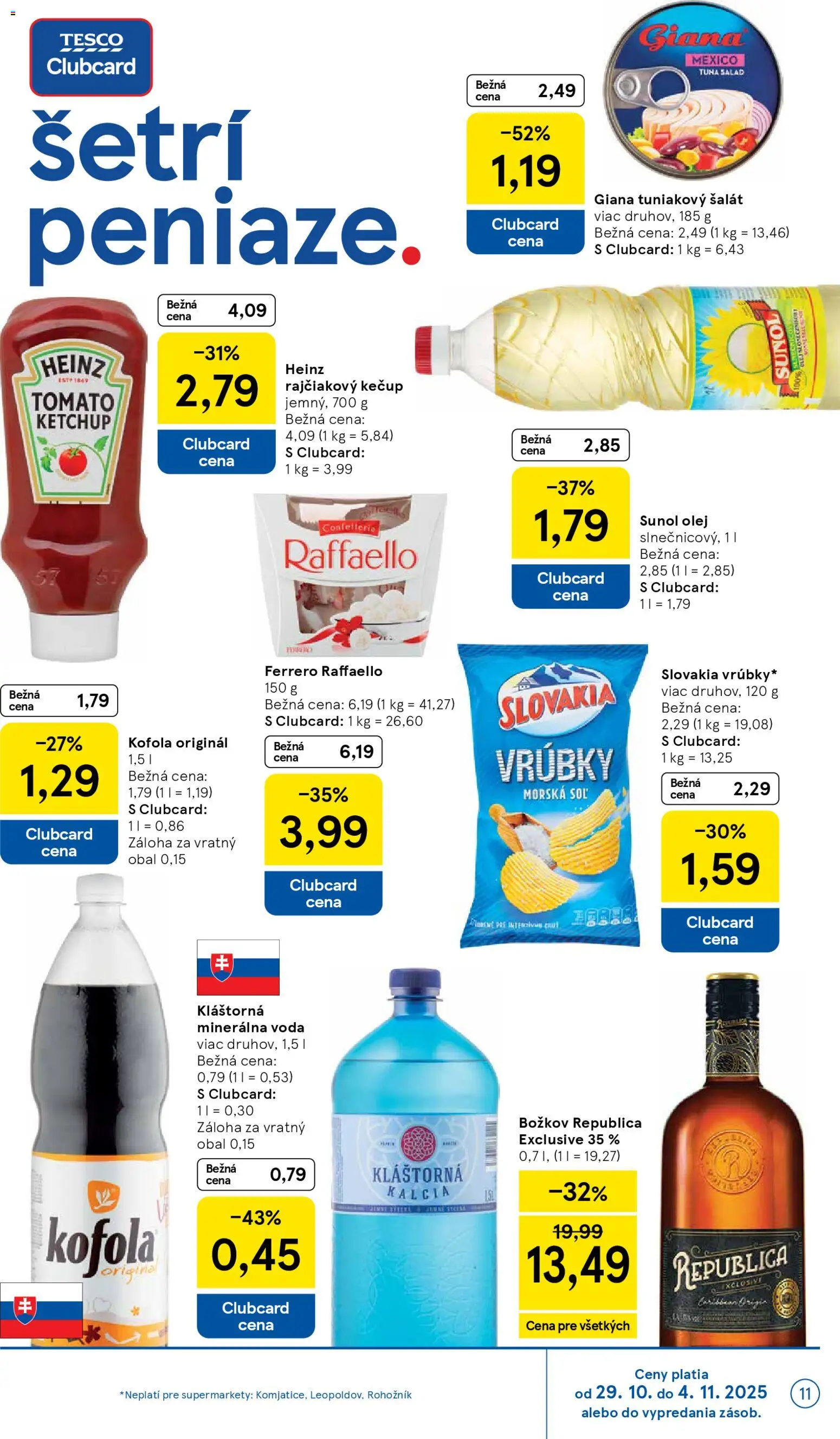 Nové Tesco akcie – leták je platný od 29.10.2025 | Strana: 11 | Produkty: Olej, Kečup, Voda, Rum