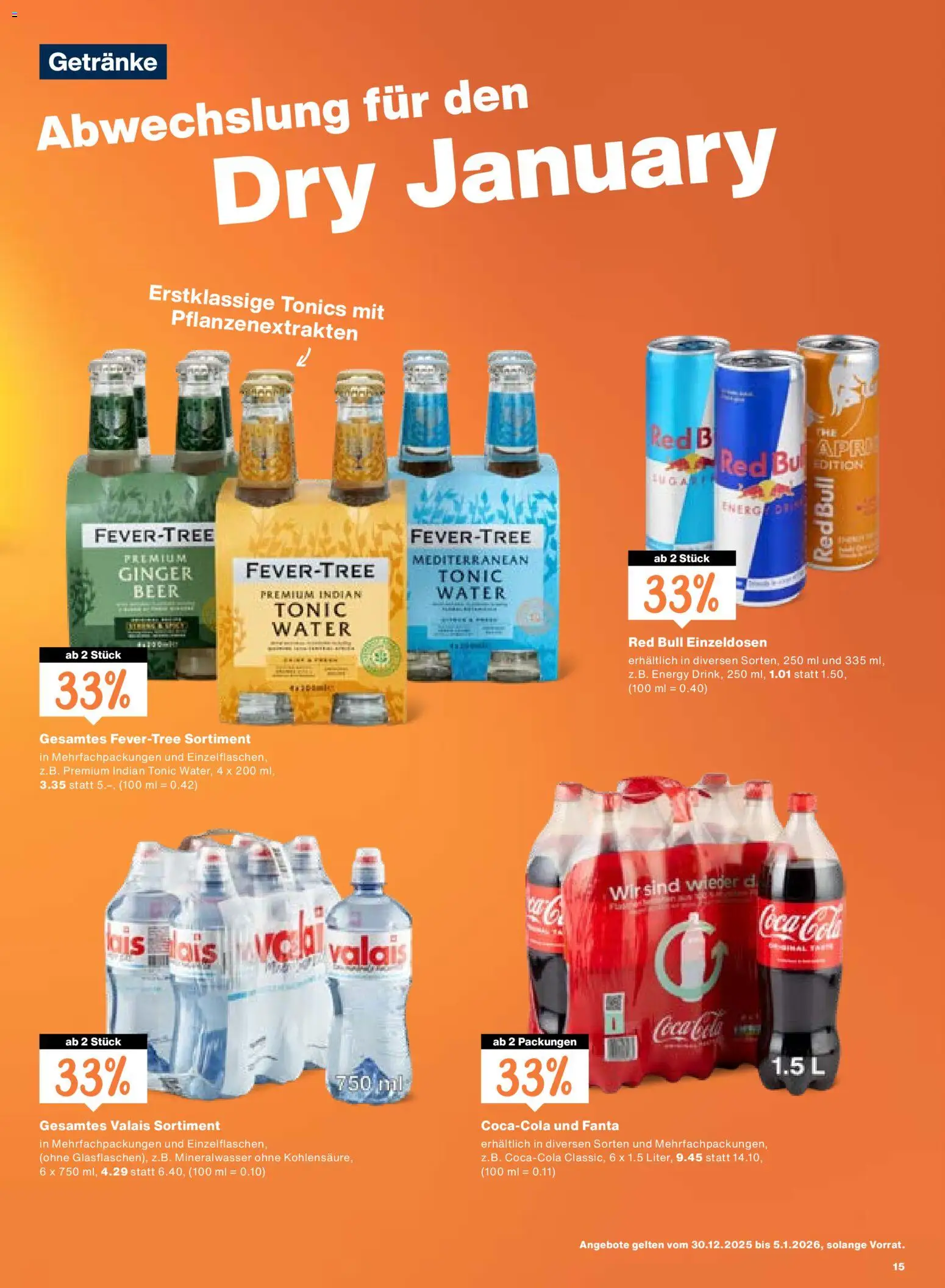 Migros Aktionen – gültig ab 30.12.2025 | Seite: 15 | Produkte: Red bull, Coca Cola, Fanta, Mineralwasser