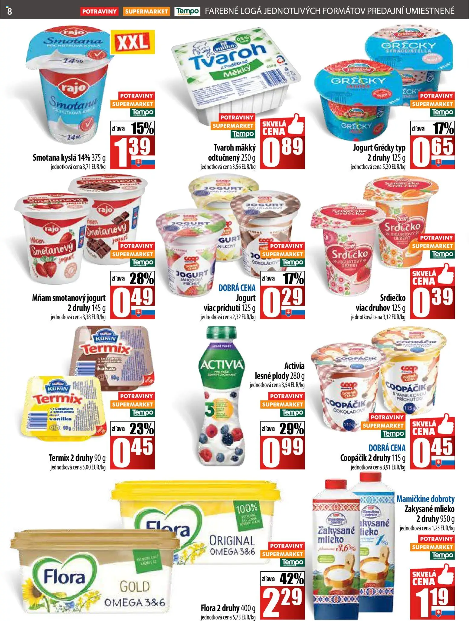 Nové COOP Jednota akcie – leták je platný od 13.11.2025 | Strana: 8 | Produkty: Mlieko, Smotana, Tvaroh, Flora