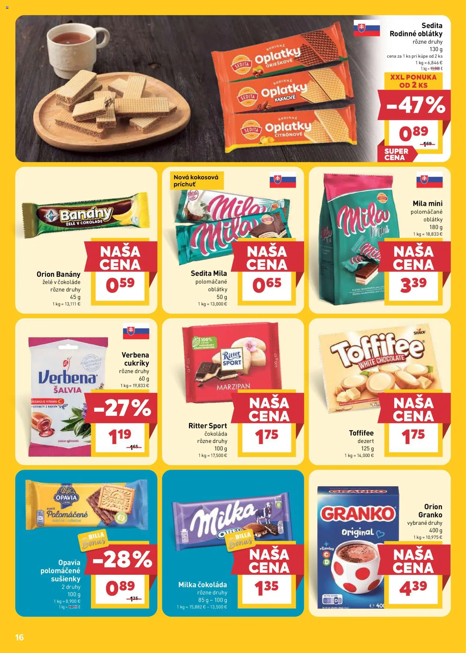 Nové Billa akcie – leták je platný od 15.04.2026 | Strana: 16 | Produkty: Banány, Čokoláda, Cukríky, Mila
