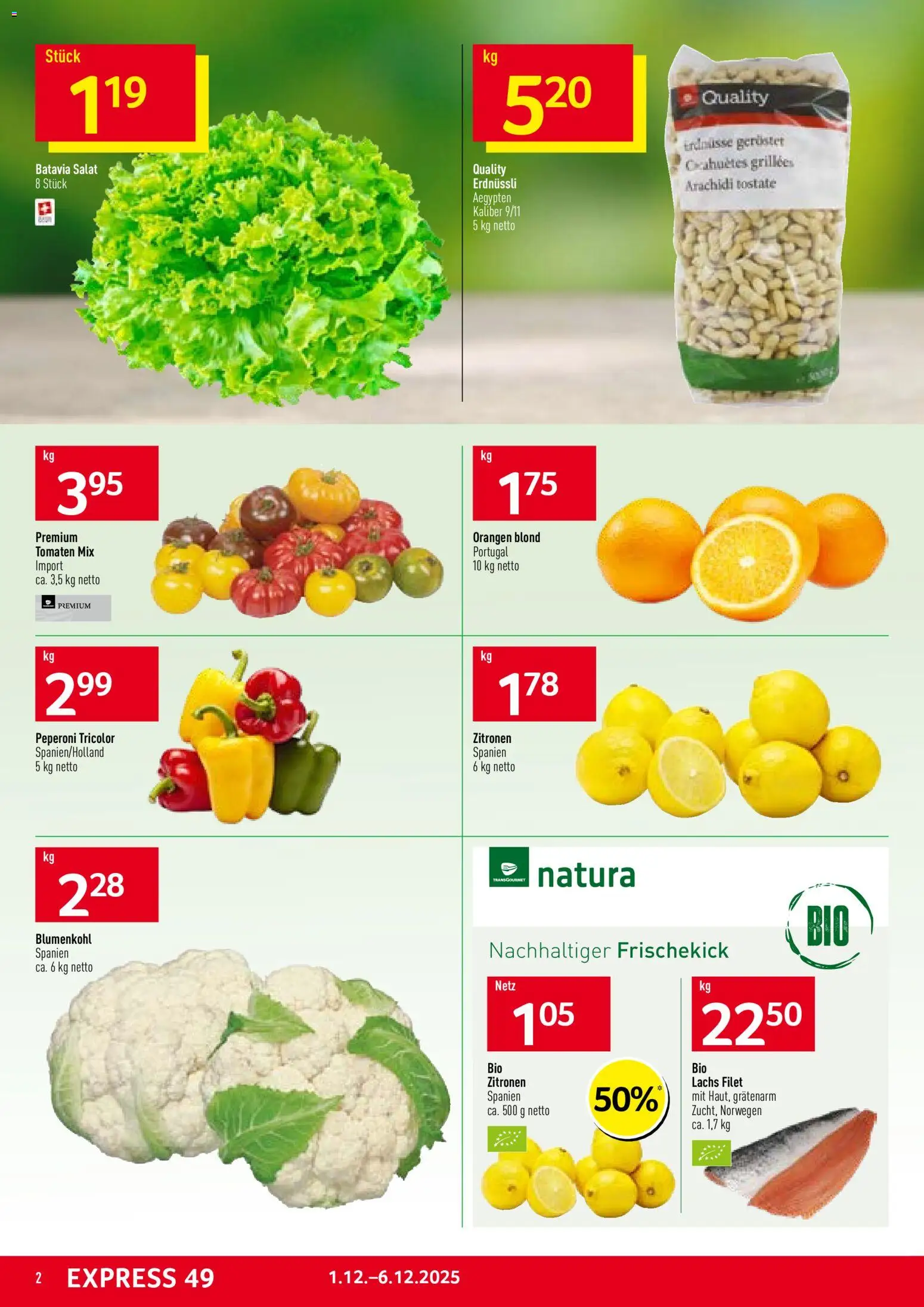 Prodega Aktionen – gültig ab 01.12.2025 | Seite: 2 | Produkte: Erdnüsse, Tomaten, Blumenkohl, Salat