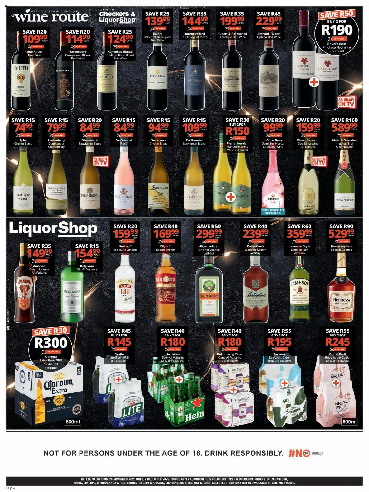 New Checkers catalogue – valid from 24.11.2025 | Page: 4 | Products: Brandy, Gin, Cream, Ensalada de quino