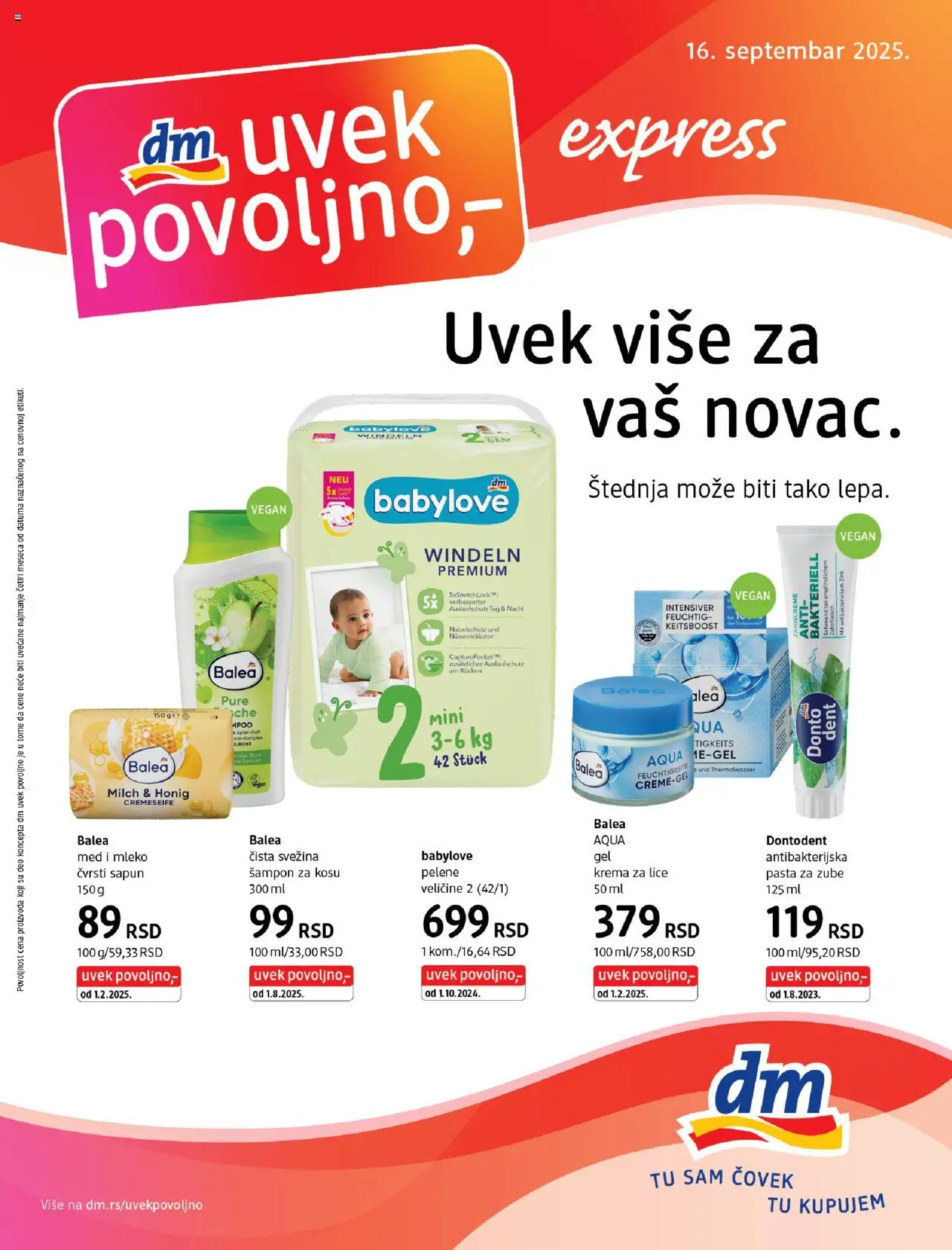 DM Drogerie katalog - važi od 16.09.2025 | Strana: 1 | Proizvode: Šampon, Med, Pasta za zube, Pelene