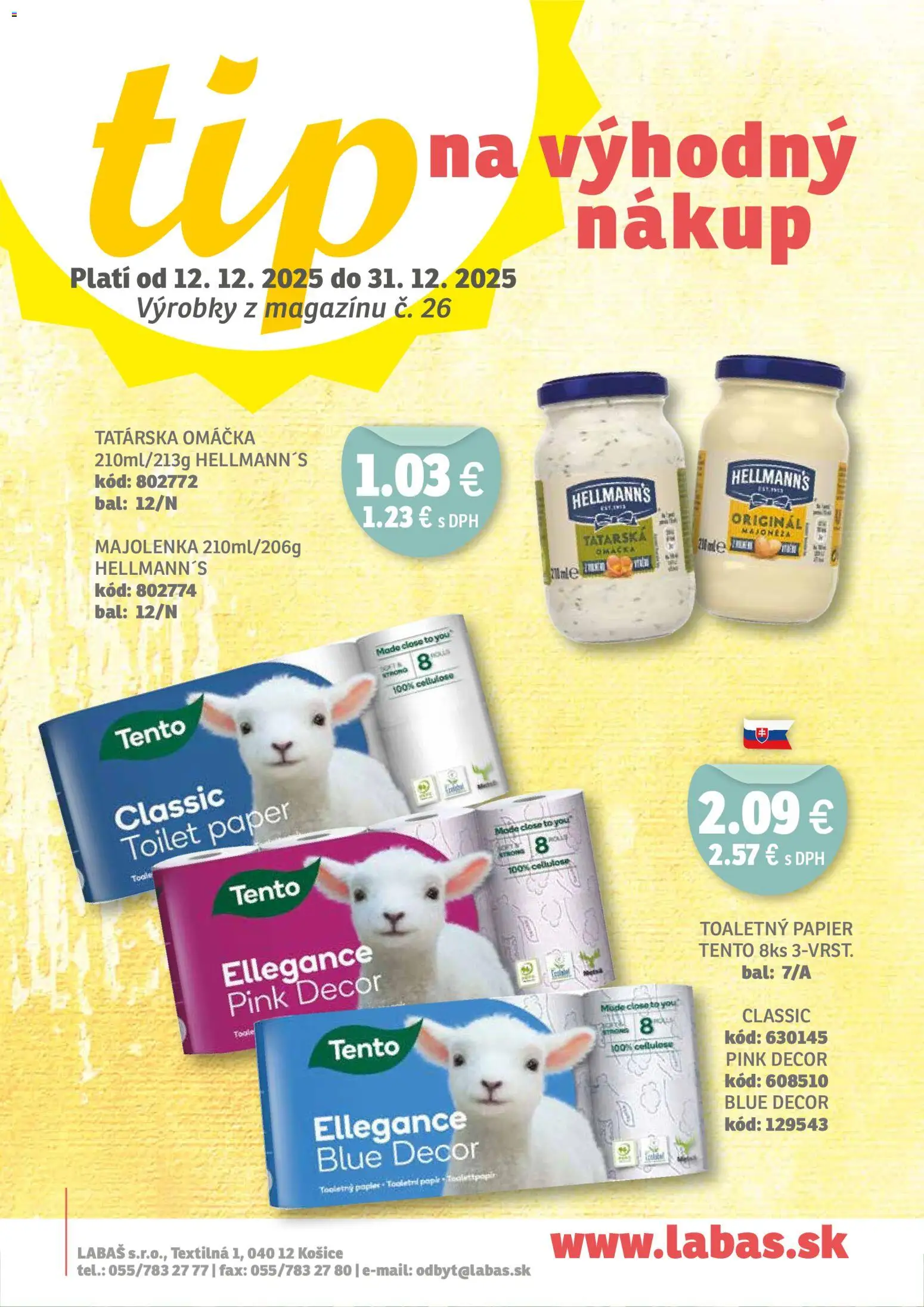 Nové Labaš akcie – leták je platný od 12.12.2025 | Strana: 13 | Produkty: Toaletný papier, Tatárska omáčka, Omáčka