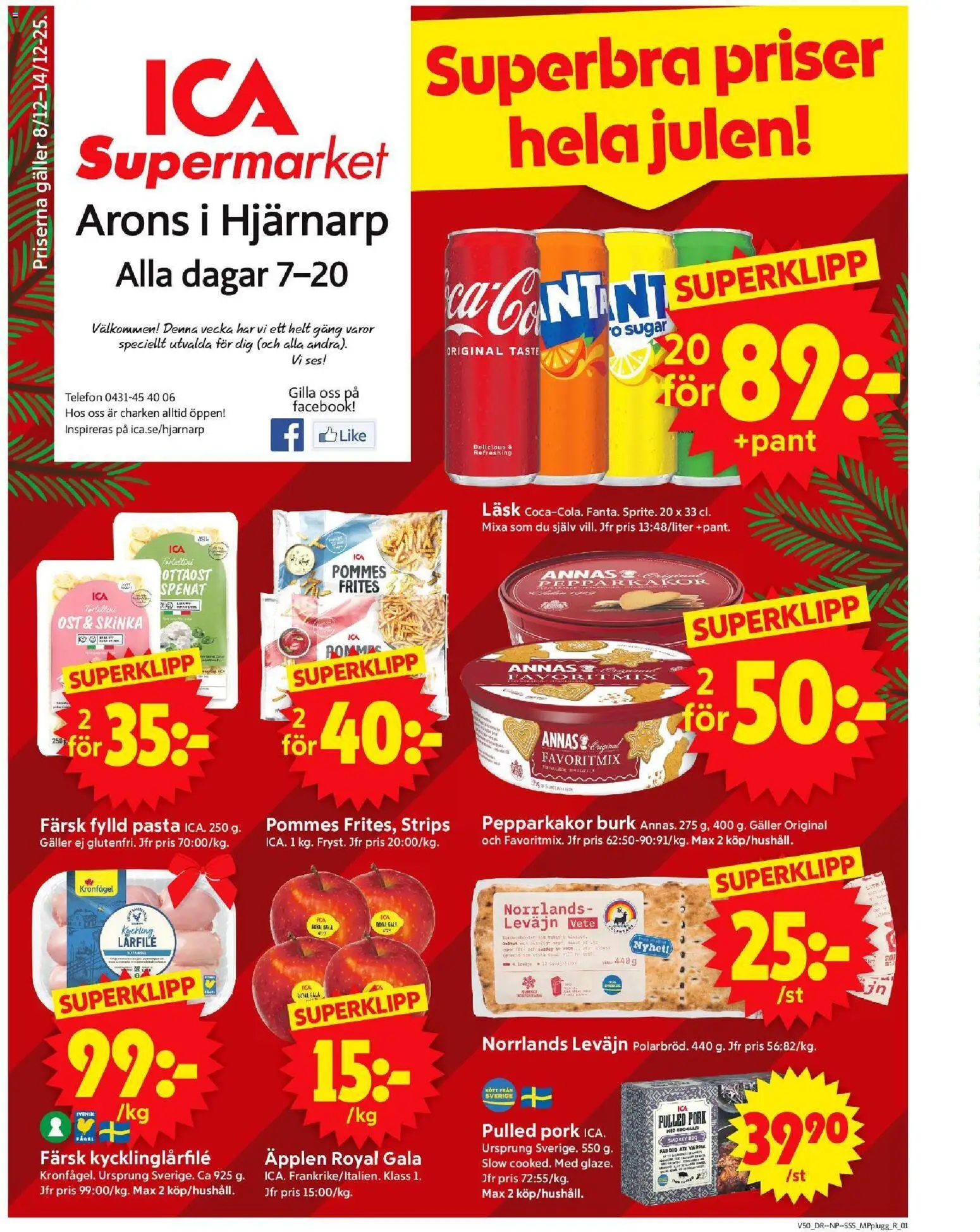 ICA Supermarket reklamblad aktuell från 08.12.2025 | Sida: 1 | Produkter: Spenat, Ost, Äpplen, Pasta