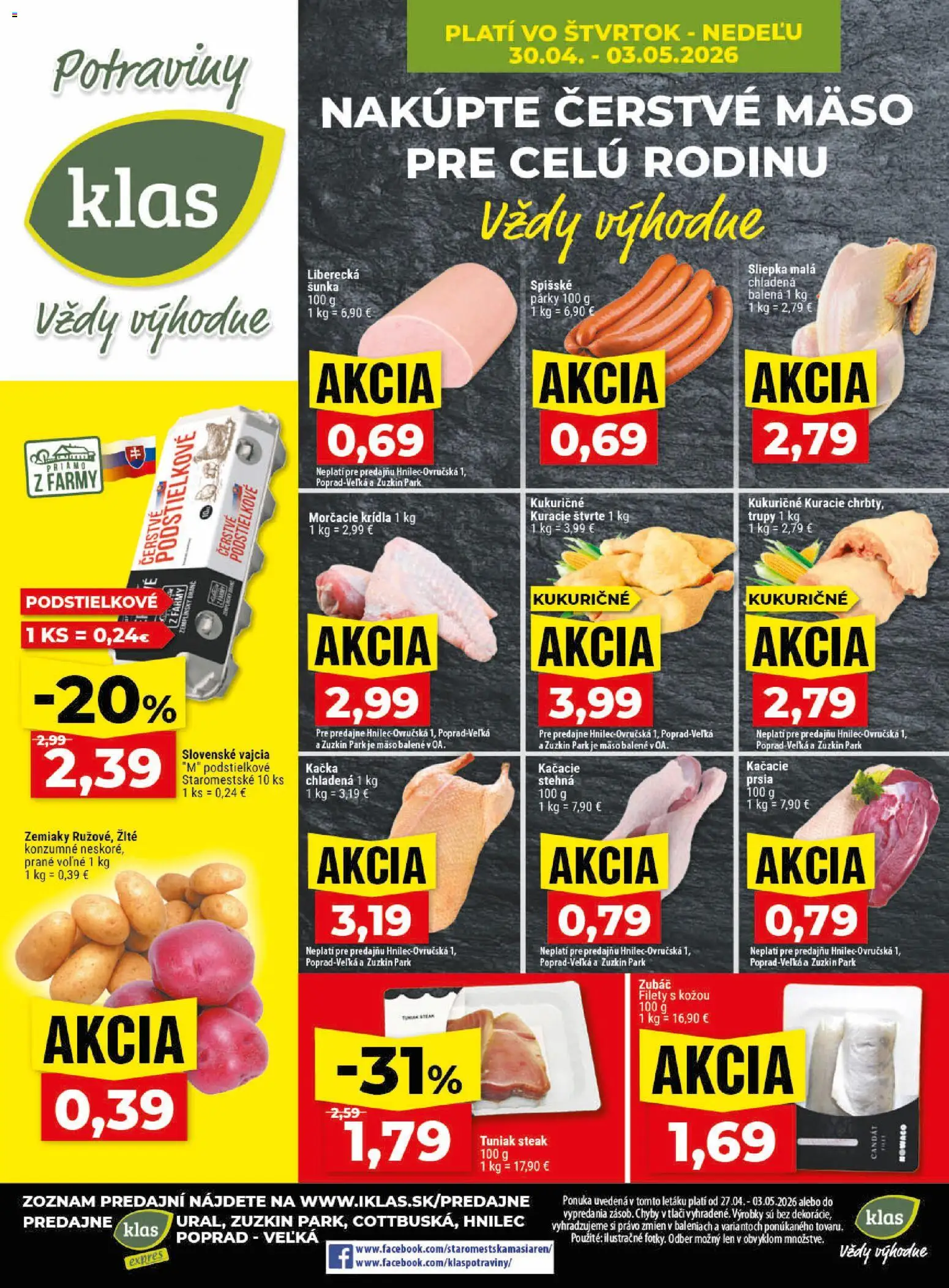 Nové Klas akcie – leták je platný od 27.04.2026 | Strana: 29 | Produkty: Šunka, Zemiaky, Párky, Steak