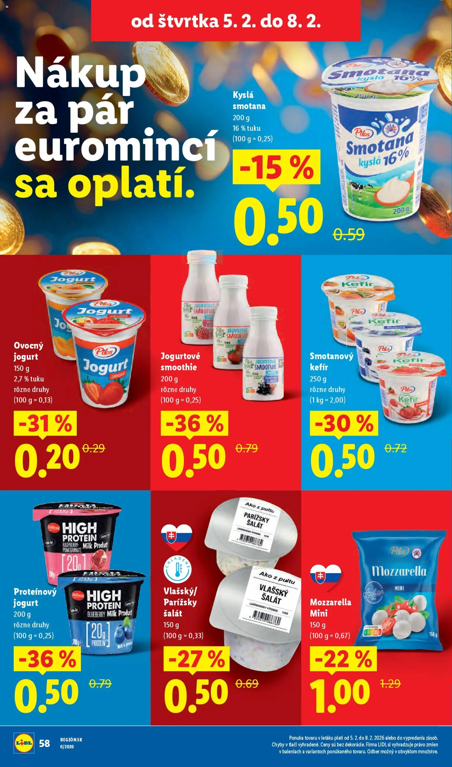 Nové Lidl akcie – leták je platný od 02.02.2026 | Strana: 58 | Produkty: Smotana, Mozzarella, Protein, Šalát