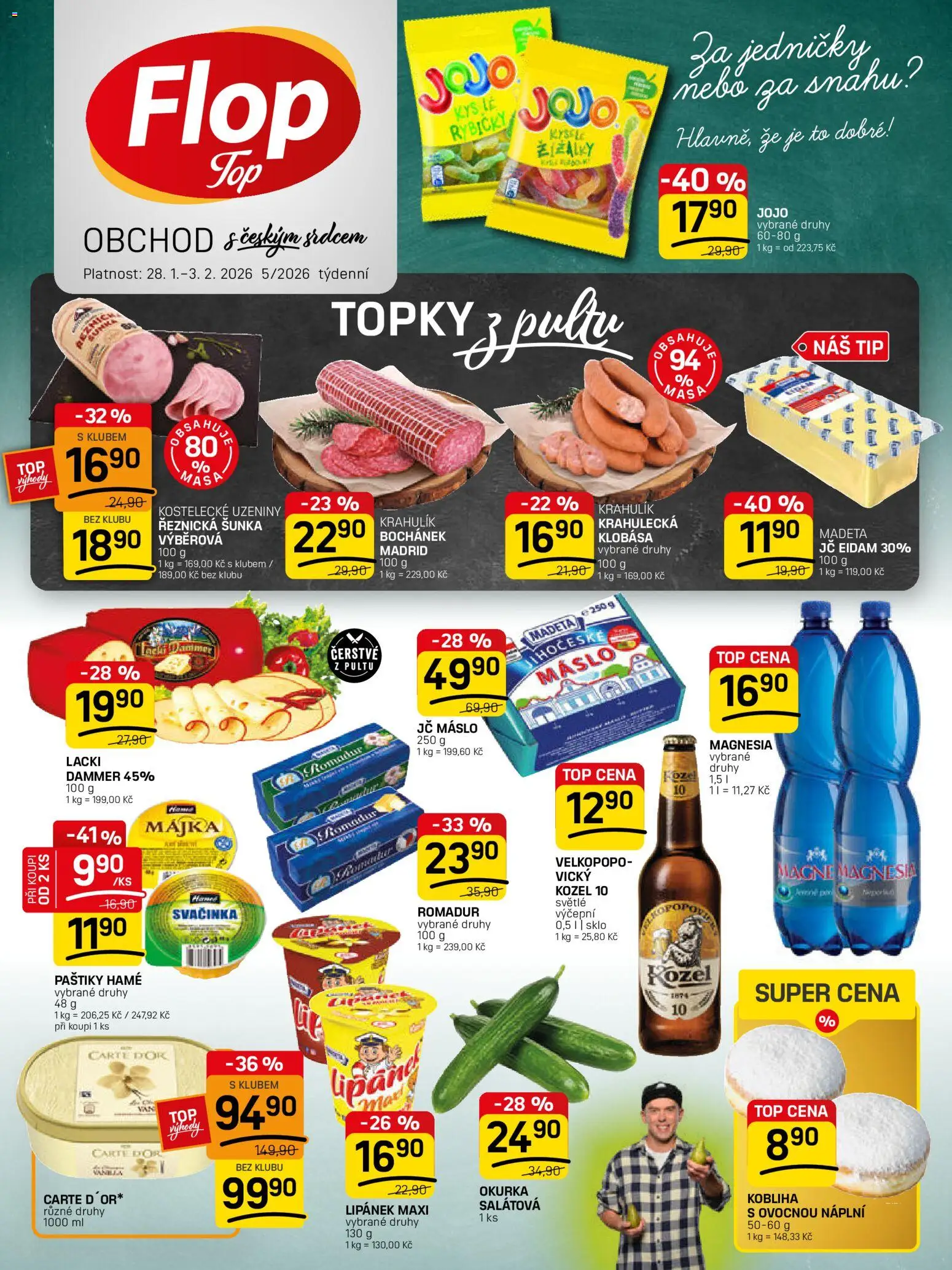 Flop leták - FlopTop od 28.01.2026 | Strana: 1 | Produkty: Máslo, Šunka, Kozel 10, Romadur