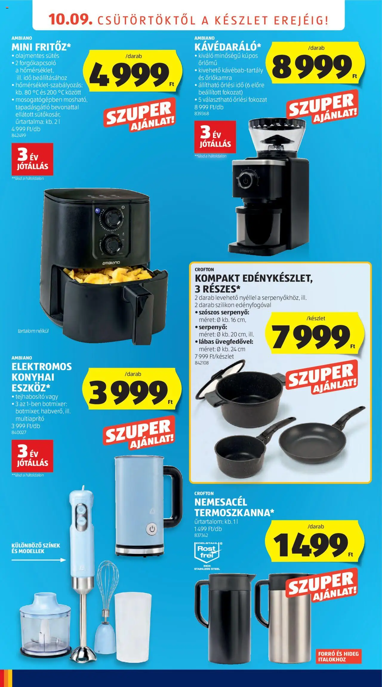 Aldi akciós ujság - amely érvényes a következő dátumtól: 09.10.2025 | Oldal: 12 | Termékek: Botmixer, Tejhabosító, Serpenyő