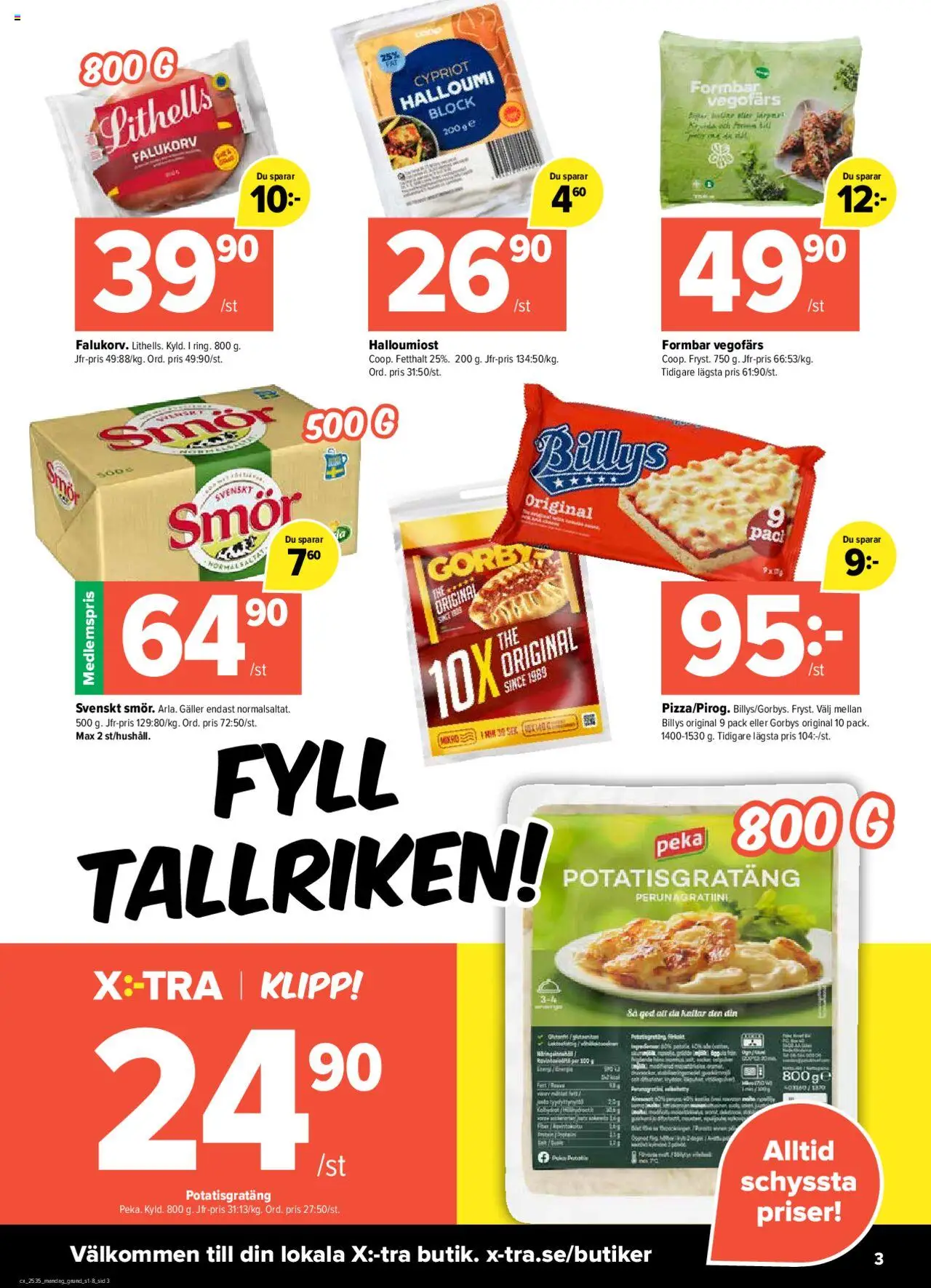 Coop X:-TRA reklamblad aktuell från 25.08.2025 | Sida: 3 | Produkter: Galler, Halloumi, Vegofärs, Potatisgratäng