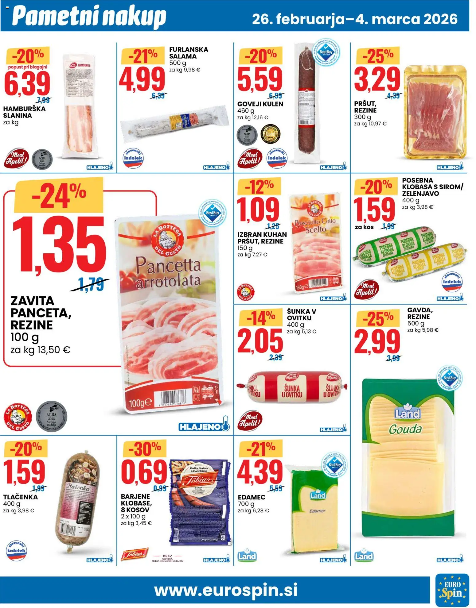 Novi Eurospin katalog ponudbe – veljaven od 26.02.2026 | Stran: 9 | Izdelki: Edamec, Kos, Slanina, Salama