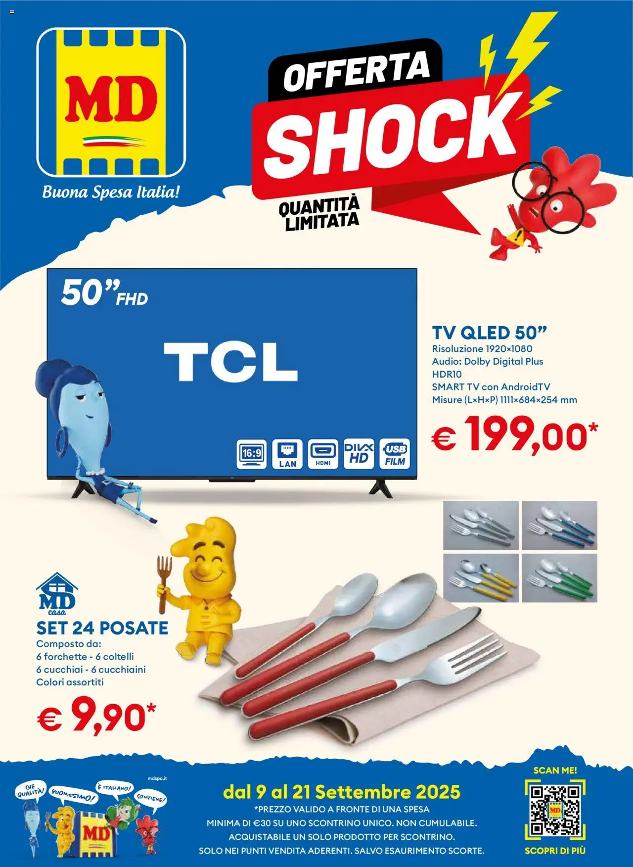 Volantino MD Discount del 09.09.2025 | Pagina: 1 | Prodotti: Posate, smart TV, TV, Audio