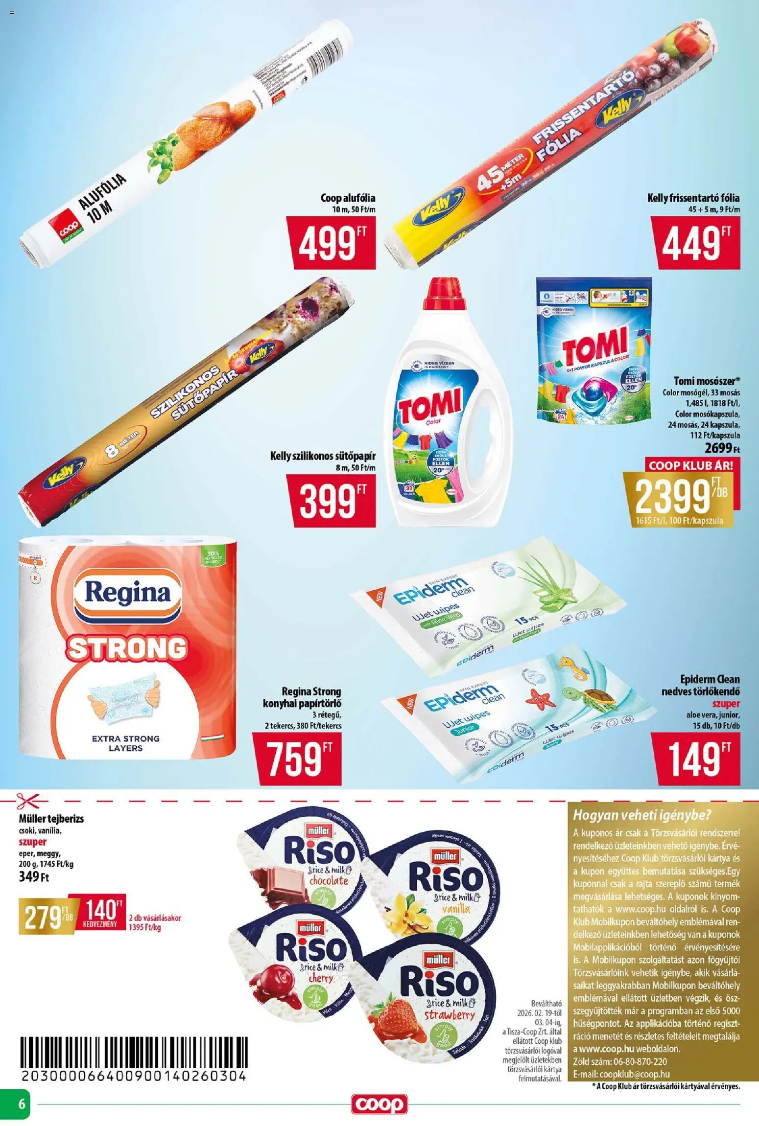COOP akciós ujság - amely érvényes a következő dátumtól: 26.02.2026 | Oldal: 6 | Termékek: Tejberizs, Papírtörlő, Törlőkendő, Nedves törlőkendő