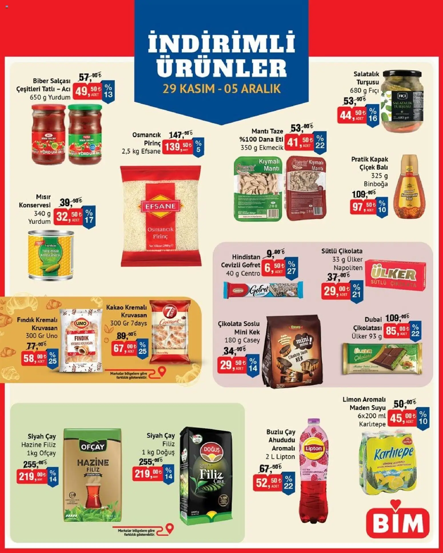 BİM İndirimli Ürünler - 29.11.2025 tarihinden itibaren geçerlidir | Sayfa: 1 | Ürünler: Gofret, Pirinç, Çay, Maden suyu