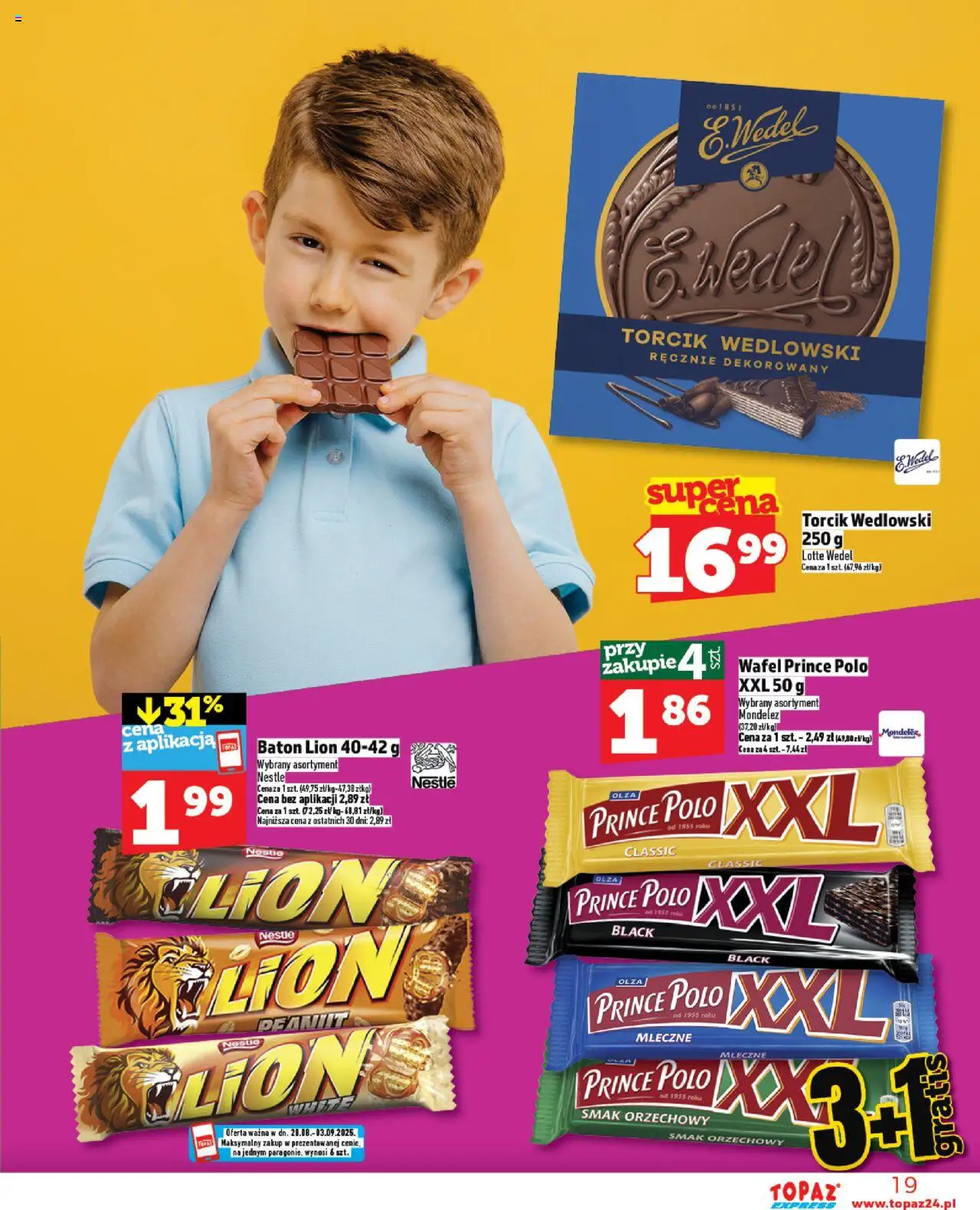 Topaz Gazetka - Express od 28.08.2025 | Strona: 19 | Produkty: Prince polo xxl, Baton, Torcik wedlowski