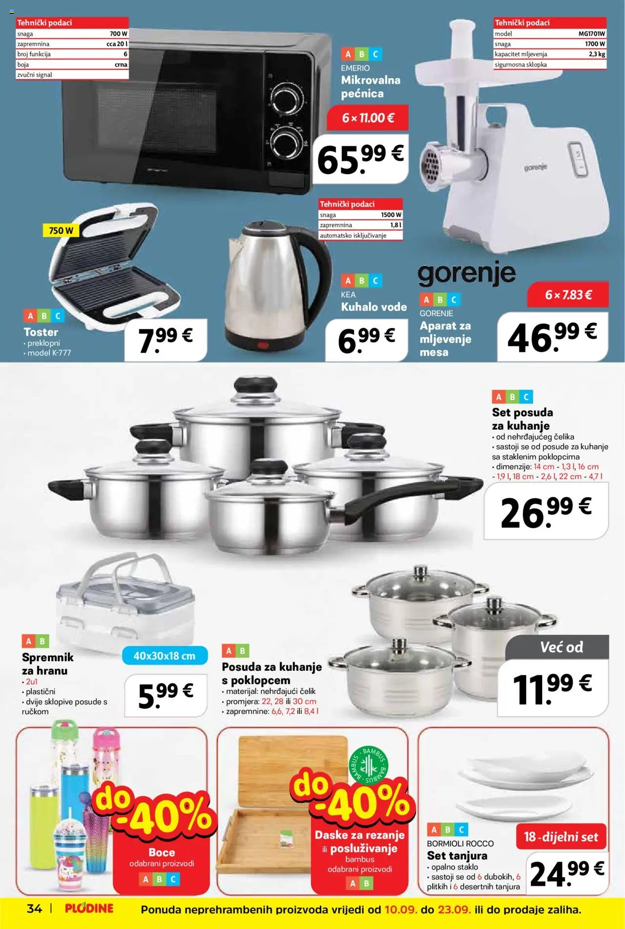 Plodine katalog | vrijedi od 10.09.2025 | Stranica: 34 | Proizvodi: Kuhalo vode, Set tanjura, Toster, Mikrovalna pećnica