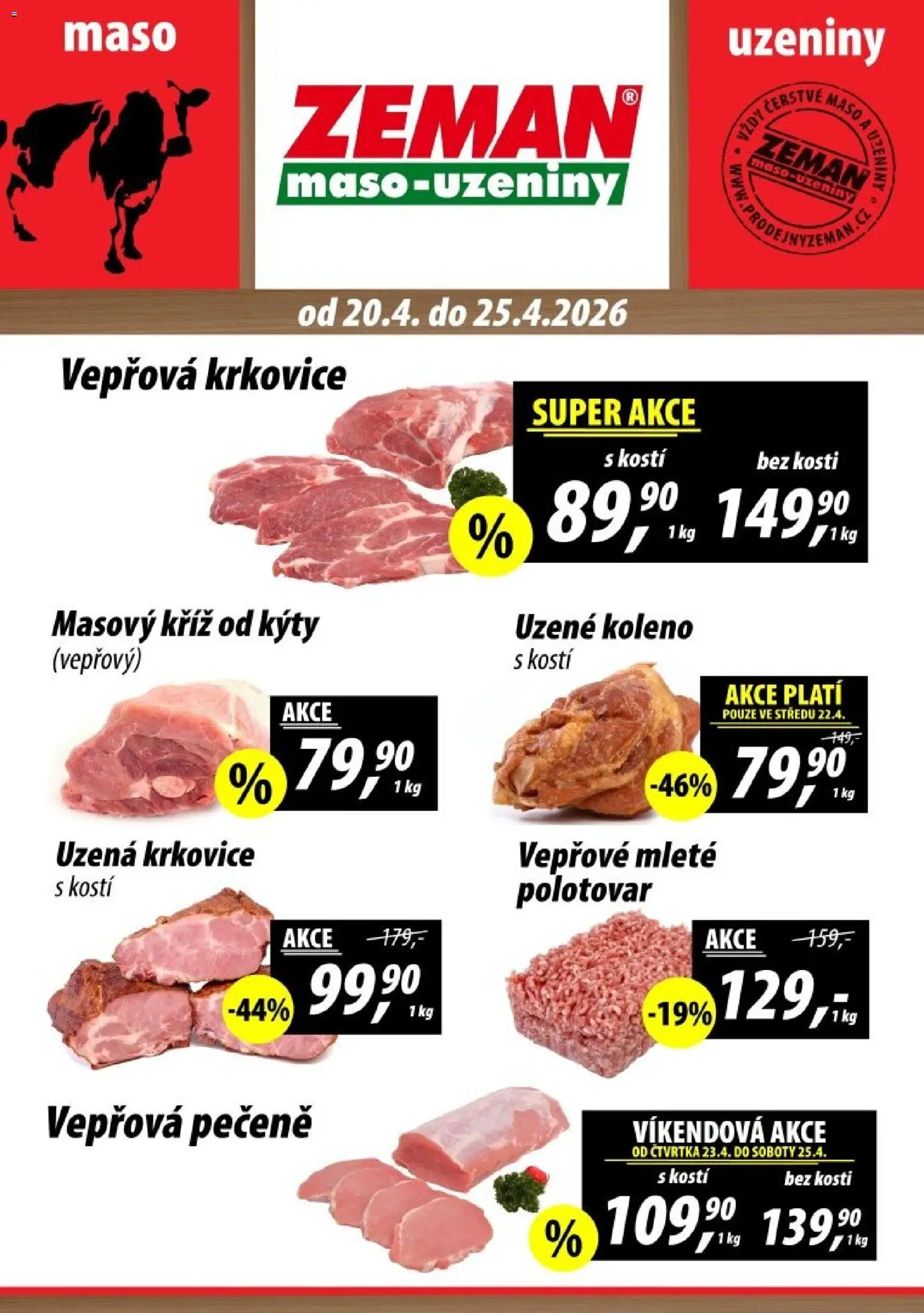 Prodejny Zeman leták - Dačice, Jindřichův Hradec, Kaplice  od 20.04.2026 | Strana: 1 | Produkty: Maso, Krkovice, Vepřová krkovice, Uzená krkovice
