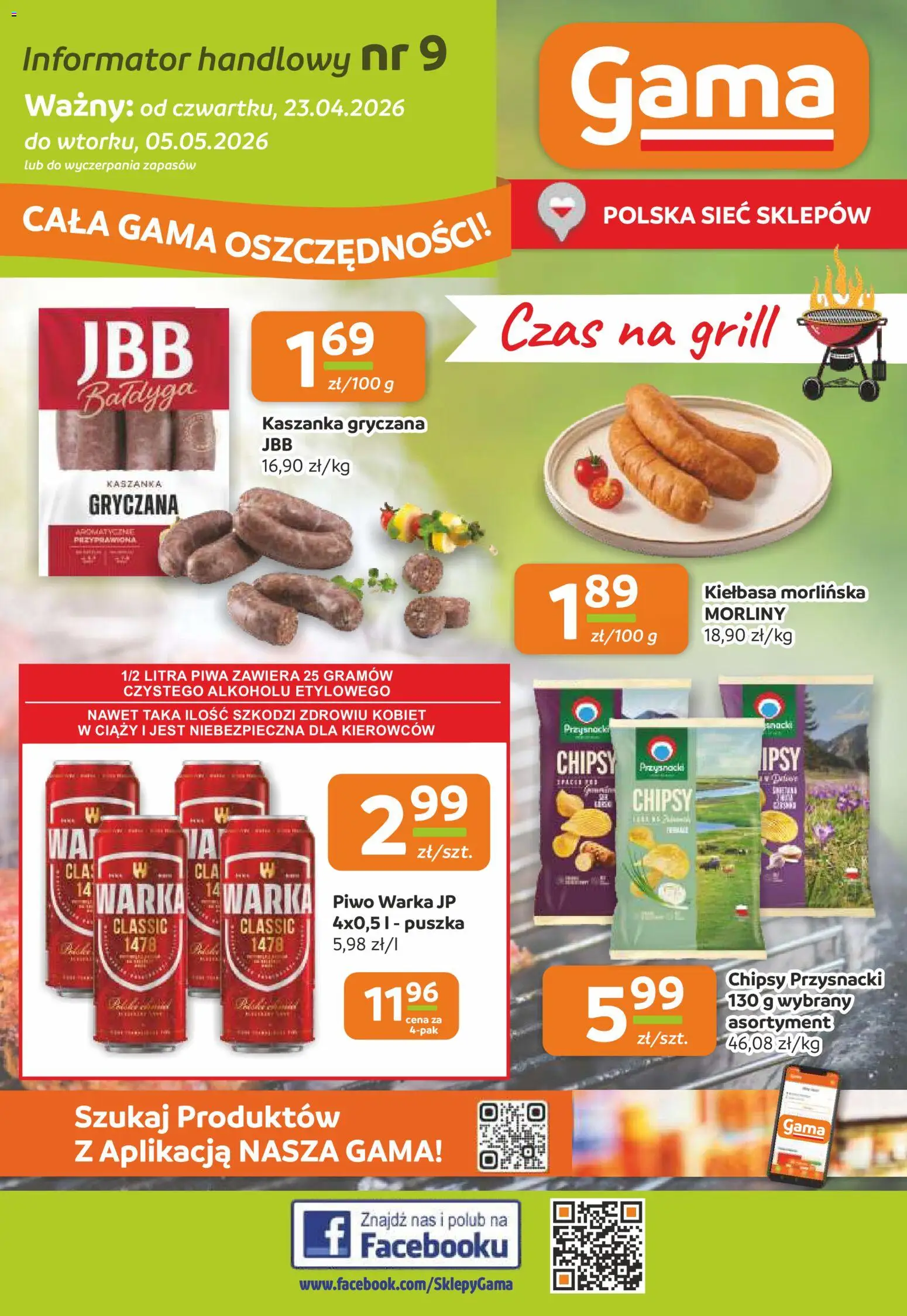 Gama gazetka od 23.04.2026 | Strona: 1 | Produkty: Kiełbasa, Grill, Kaszanka, Piwo
