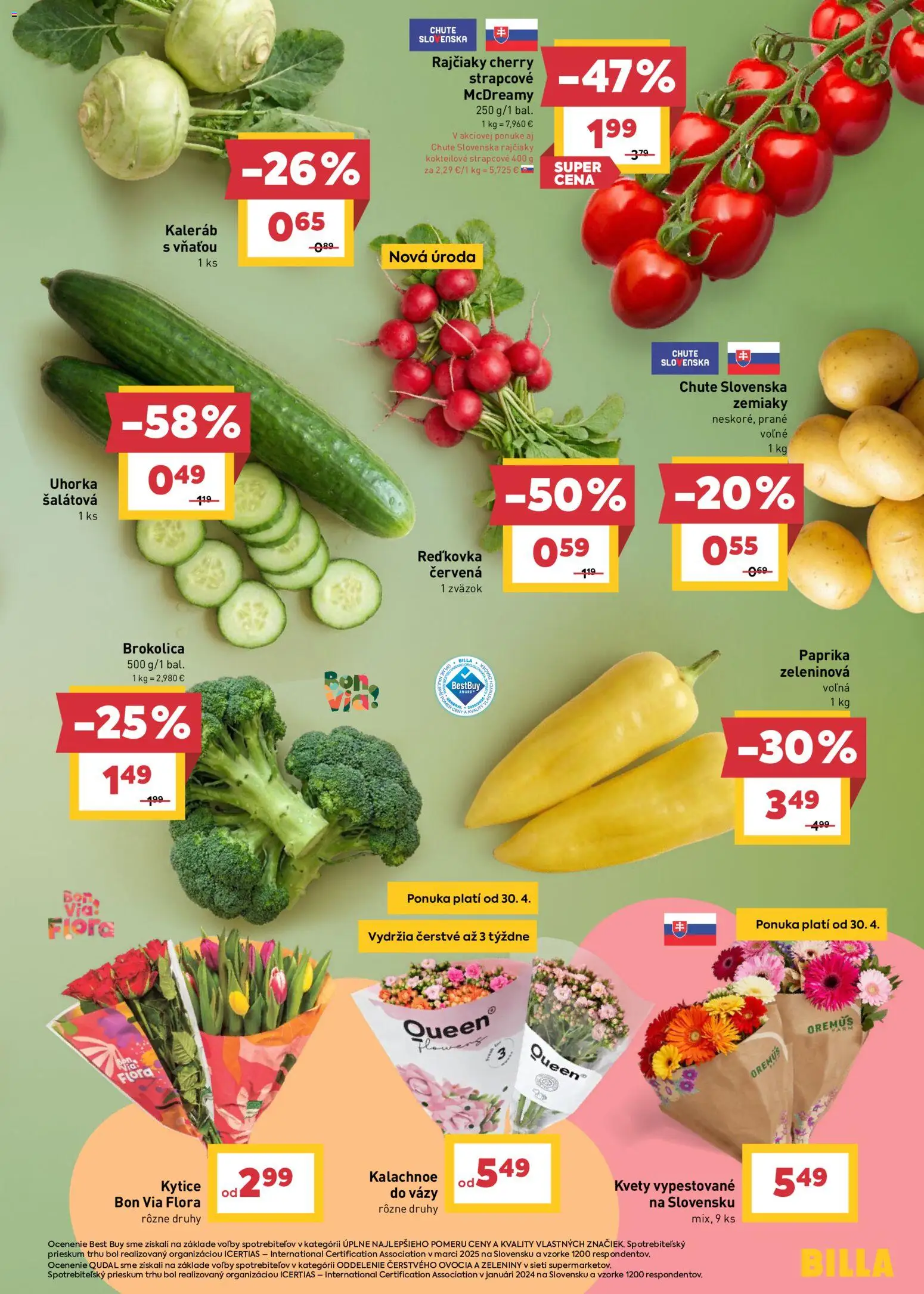 Nové Billa akcie – leták je platný od 29.04.2026 | Strana: 5 | Produkty: Paprika, Brokolica, Zemiaky, Kvety