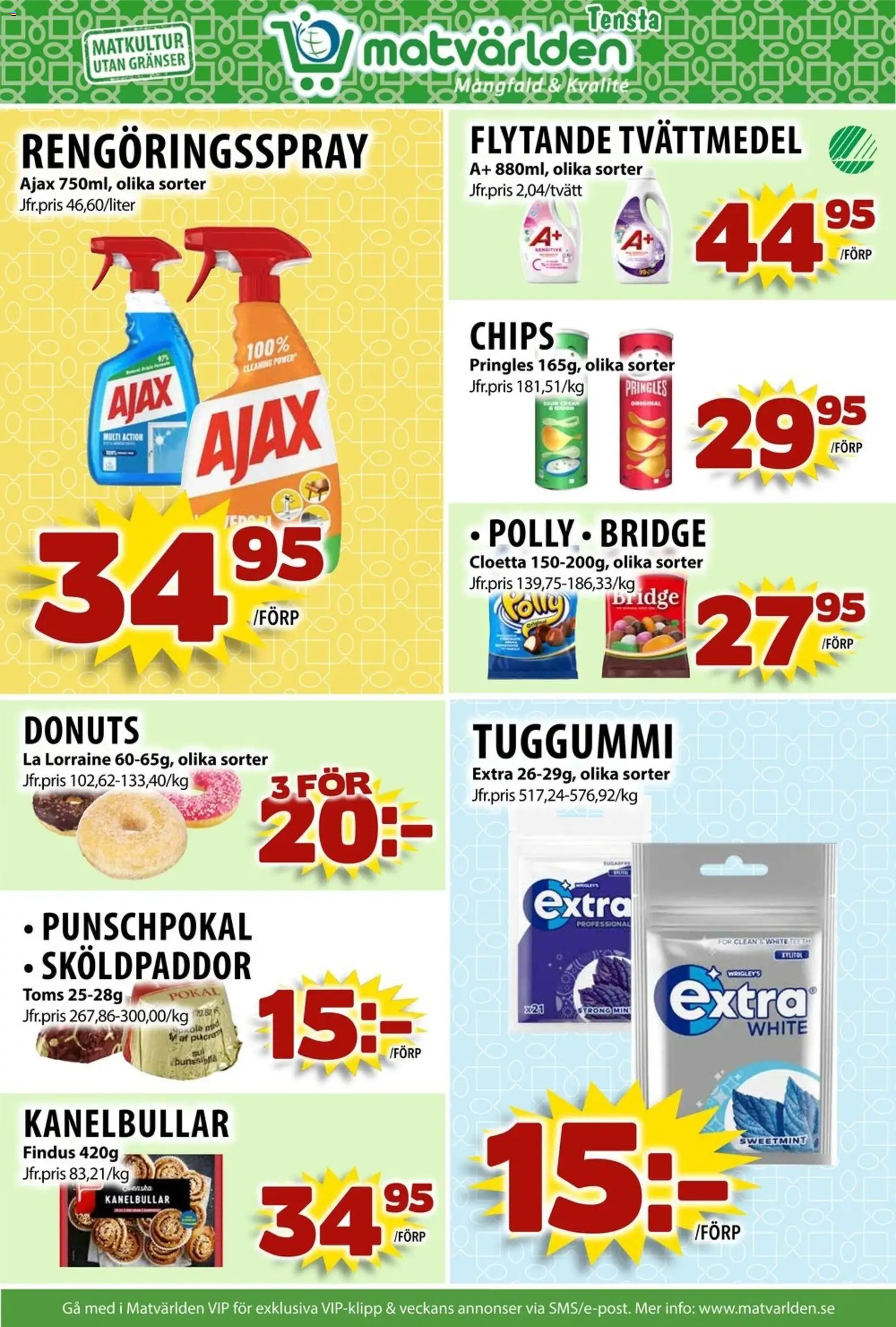 Matvärlden reklamblad aktuell från 24.11.2025 | Sida: 8 | Produkter: Pringles, Tvättmedel, Rengöringsspray, Tuggummi