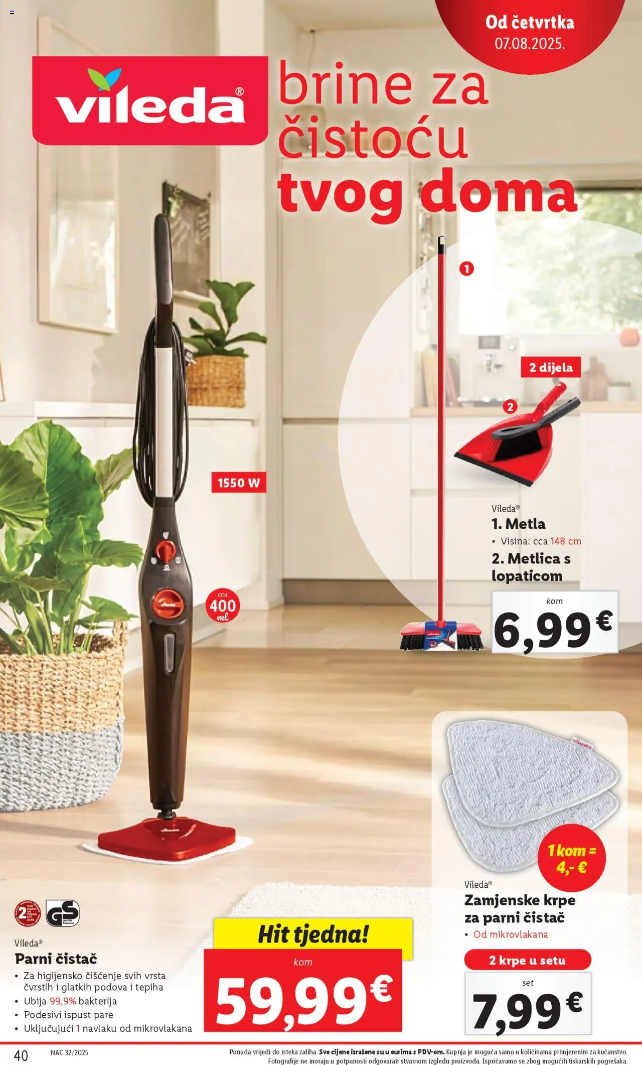 Lidl katalog | vrijedi od 04.08.2025 | Stranica: 40 | Proizvodi: Metla, Mop, Parni čistač, Vileda
