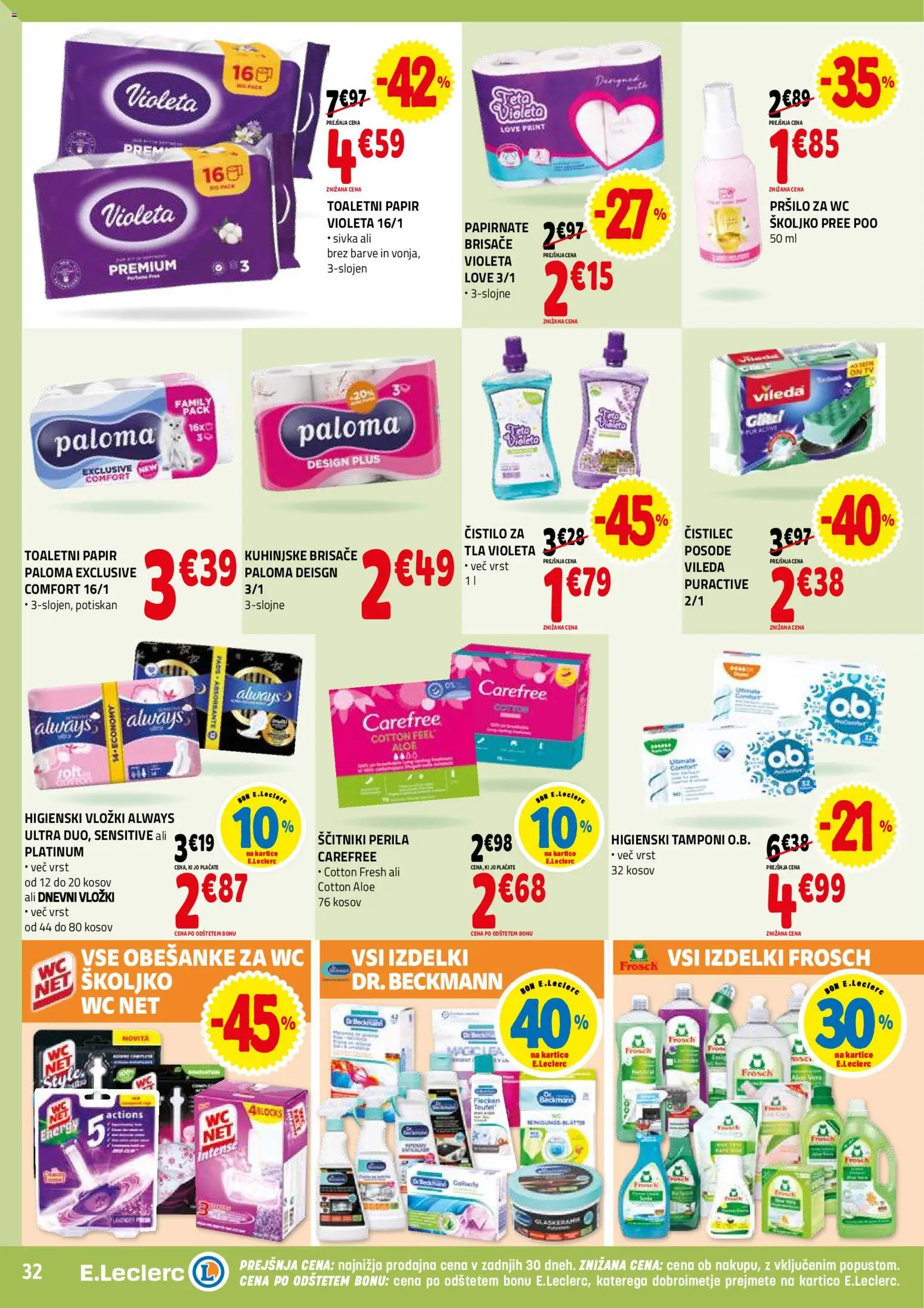 Novi E.leclerc katalog ponudbe – veljaven od 12.11.2025 | Stran: 32 | Izdelki: Higienski vložki, Toaletni papir, Vložki, Kuhinjske brisače