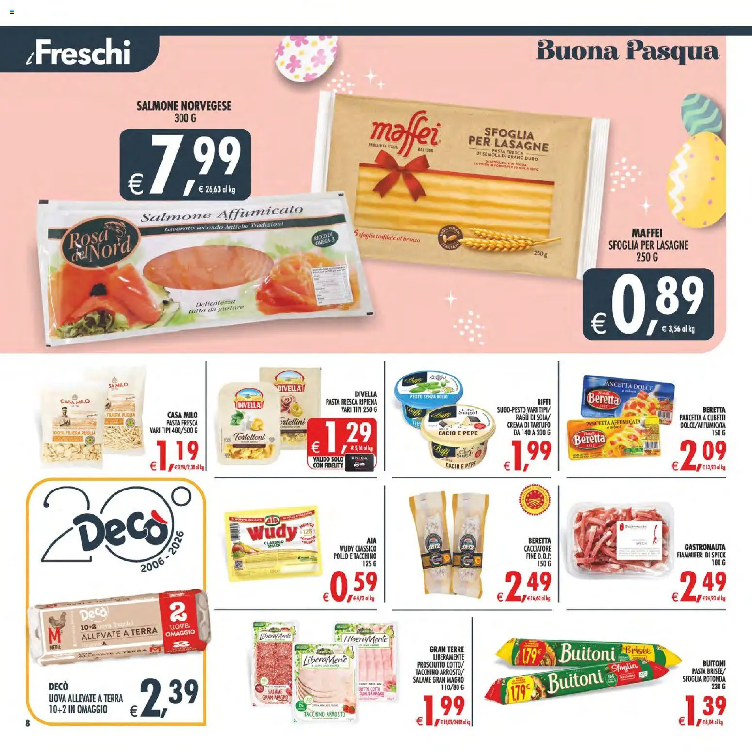 Volantino Decò del 27.03.2026 | Pagina: 8 | Prodotti: Salmone affumicato, Teglia, Pollo, Pasta