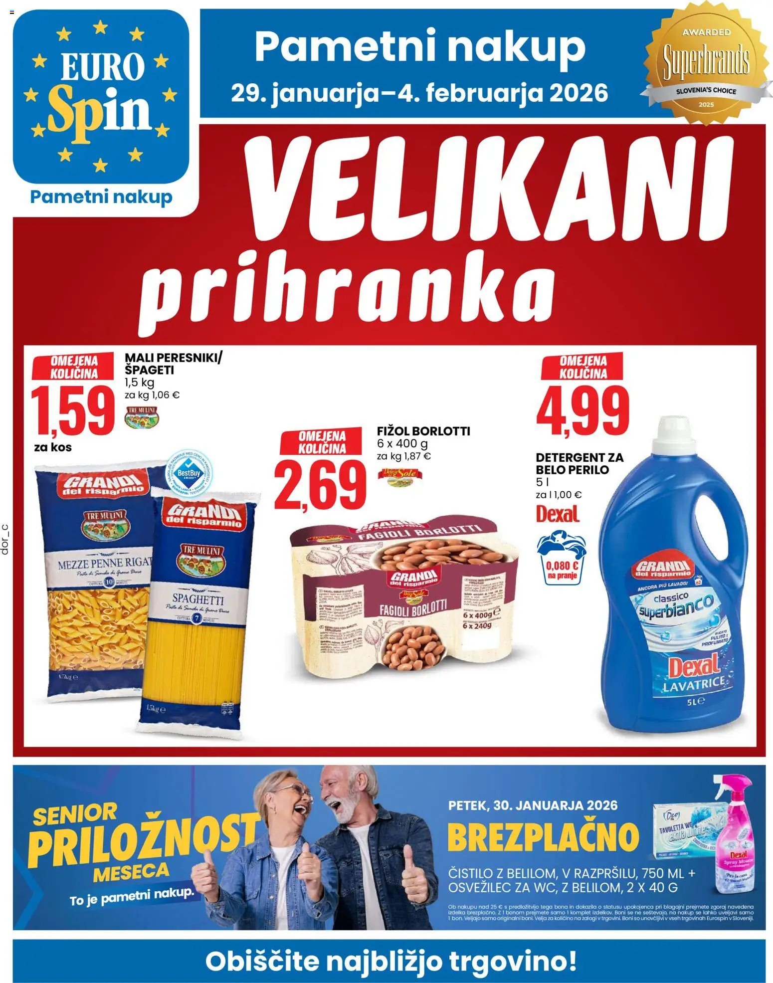 Novi Eurospin katalog ponudbe – veljaven od 29.01.2026 | Stran: 1 | Izdelki: Kos, Detergent, Spageti