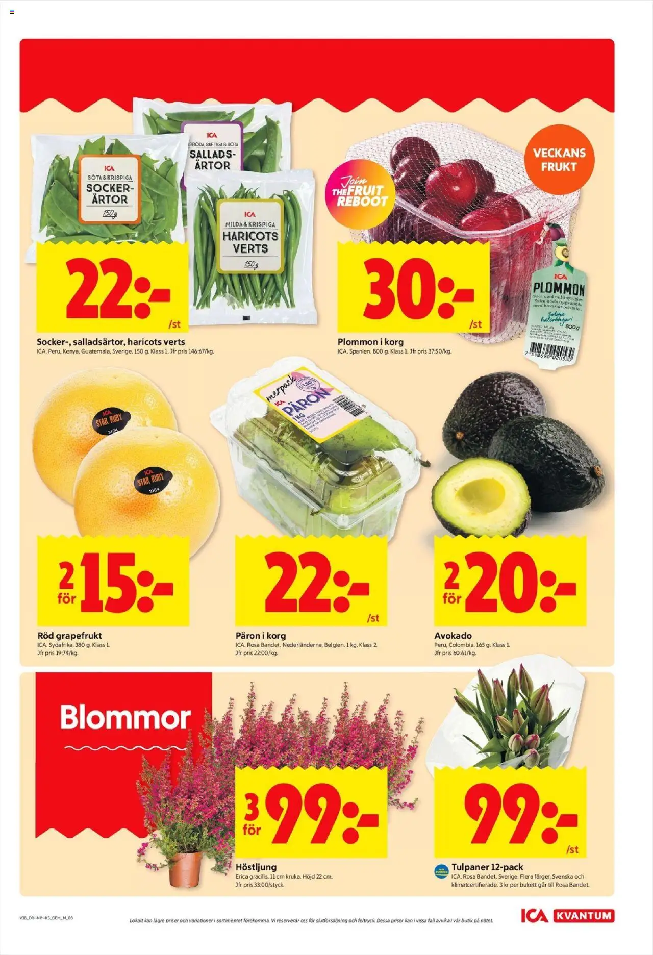 ICA Kvantum reklamblad aktuell från 15.09.2025 | Sida: 3 | Produkter: Haricots verts, Plommon, Grapefrukt, Ärtor