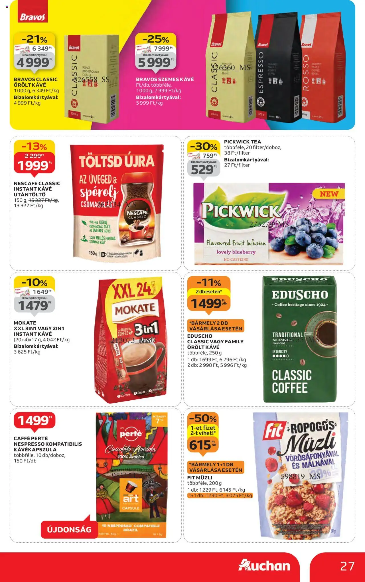 Auchan akciós ujság - amely érvényes a következő dátumtól: 16.10.2025 | Oldal: 27 | Termékek: Kávékapszula, Müzli, Kávé, Tea