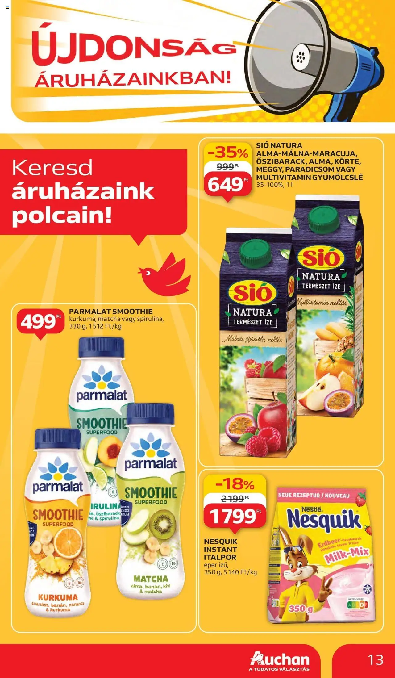 Auchan akciós ujság - amely érvényes a következő dátumtól: 05.06.2025 | Oldal: 13 | Termékek: Nesquik, Eper, Multivitamin, Italpor