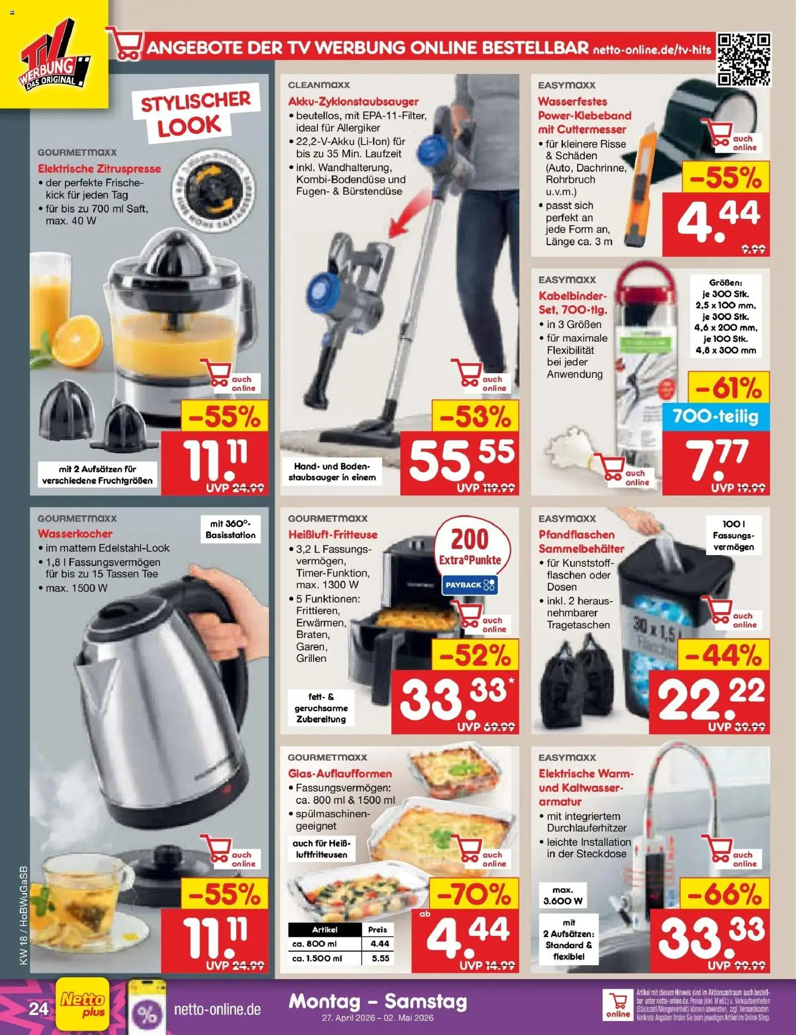 Netto Marken-Discount Prospekt Stemwede-Dielingen	 – gültig ab 27.04.2026 | Seite: 32 | Produkte: Wasserkocher, Tee, Heißluftfritteuse, TV
