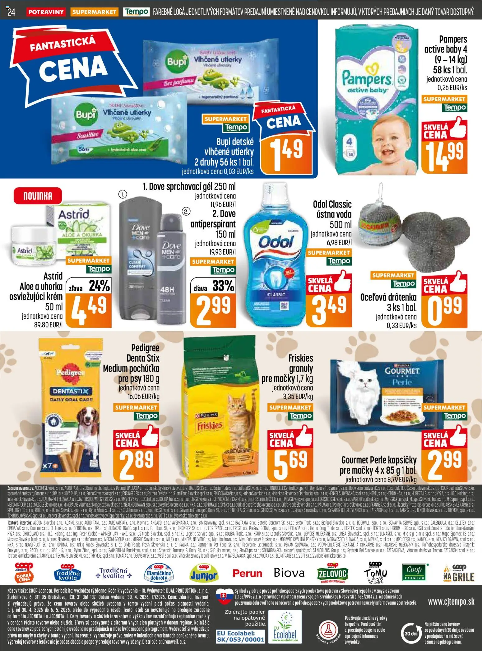 Nové COOP Jednota akcie – leták je platný od 30.04.2026 | Strana: 24 | Produkty: Budvar, Ústna voda, Flora, Pampers