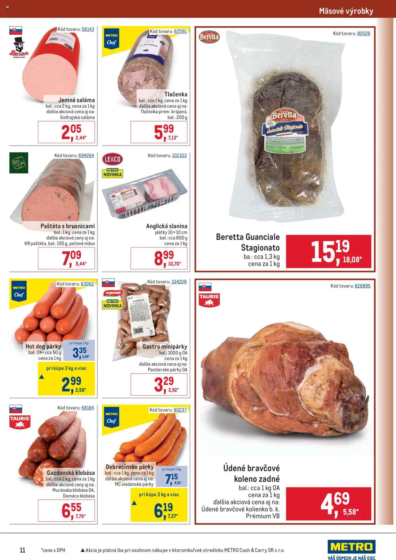 Nové Metro akcie – leták je platný od 08.10.2025 | Strana: 11 | Produkty: Saláma, Slanina, Klobása, Párky