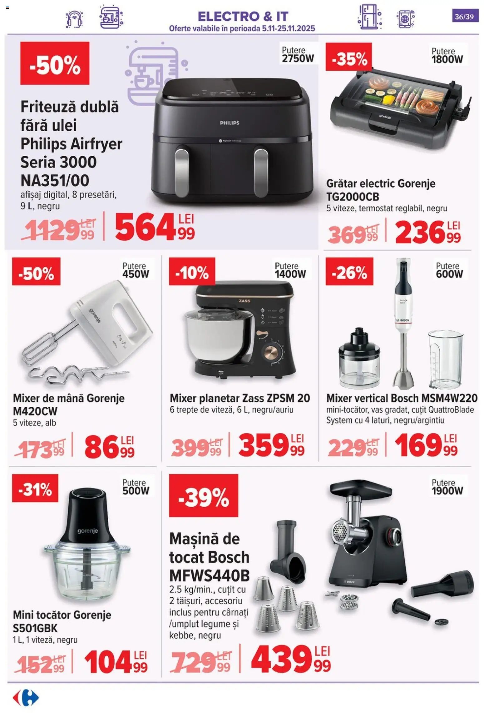 Noul catalog Carrefour – valabil de la 19.11.2025 | Pagină: 36 | Produse: Mixer, Grătar, Legume, Cârnați