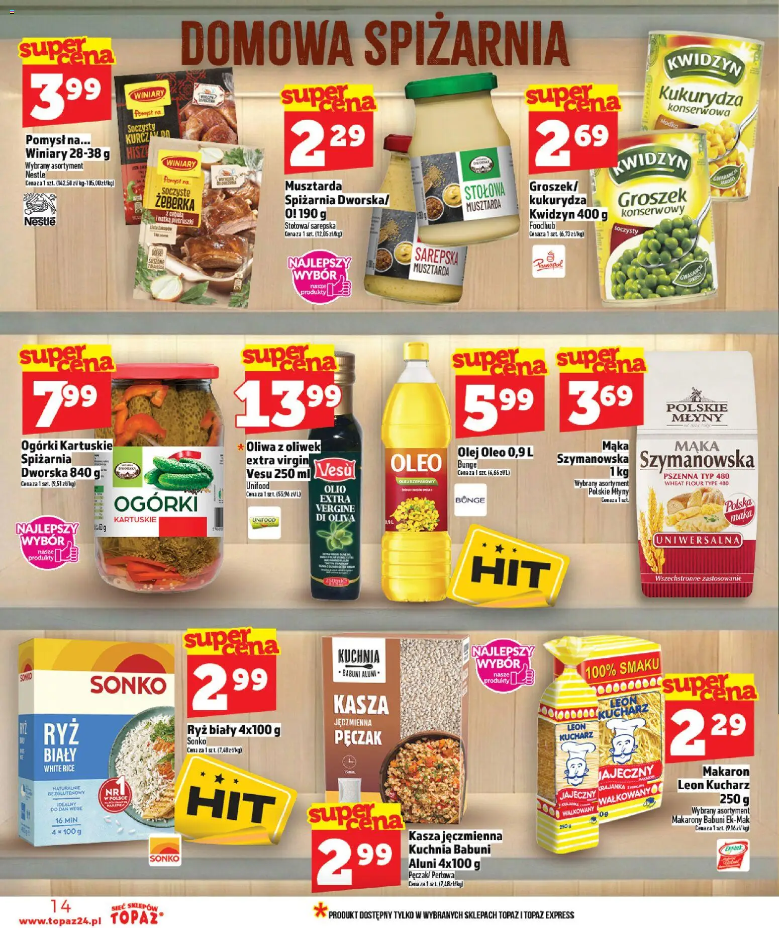 Topaz gazetka od 05.03.2026 | Strona: 14 | Produkty: Groszek, Oliwa z oliwek, Makarony, Ogórki