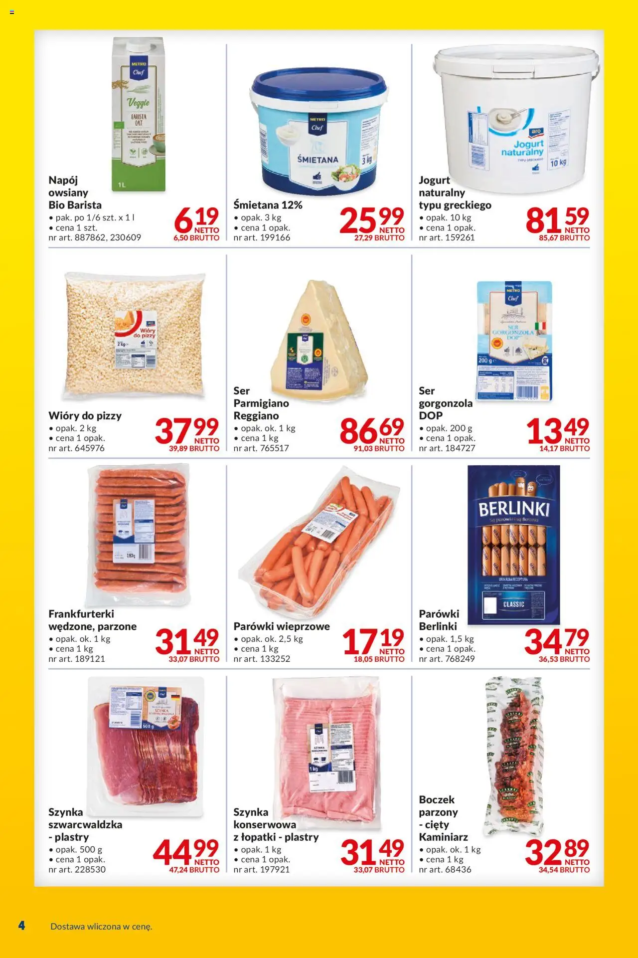 Makro Gazetka - Dostawy dla gastronomii od 19.08.2025 | Strona: 4 | Produkty: Parówki wieprzowe, Jogurt, Śmietana, Gorgonzola