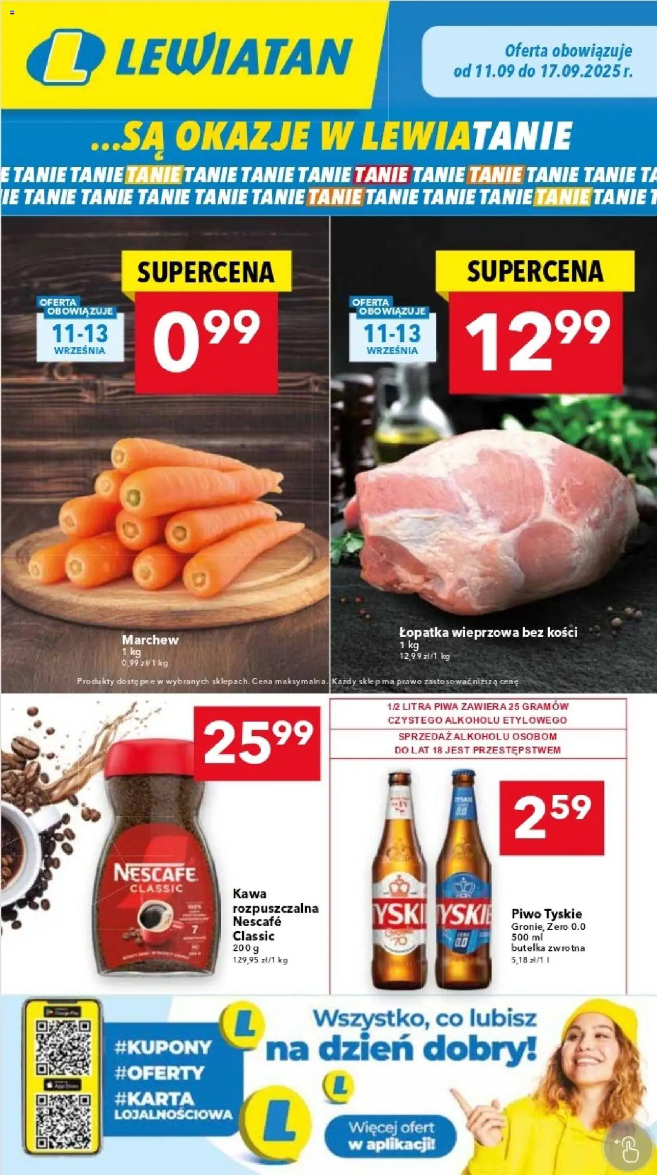 Lewiatan gazetka - Katowice od 11.09.2025 | Strona: 1 | Produkty: Kawa rozpuszczalna, Tyskie, Łopatka wieprzowa, Piwo