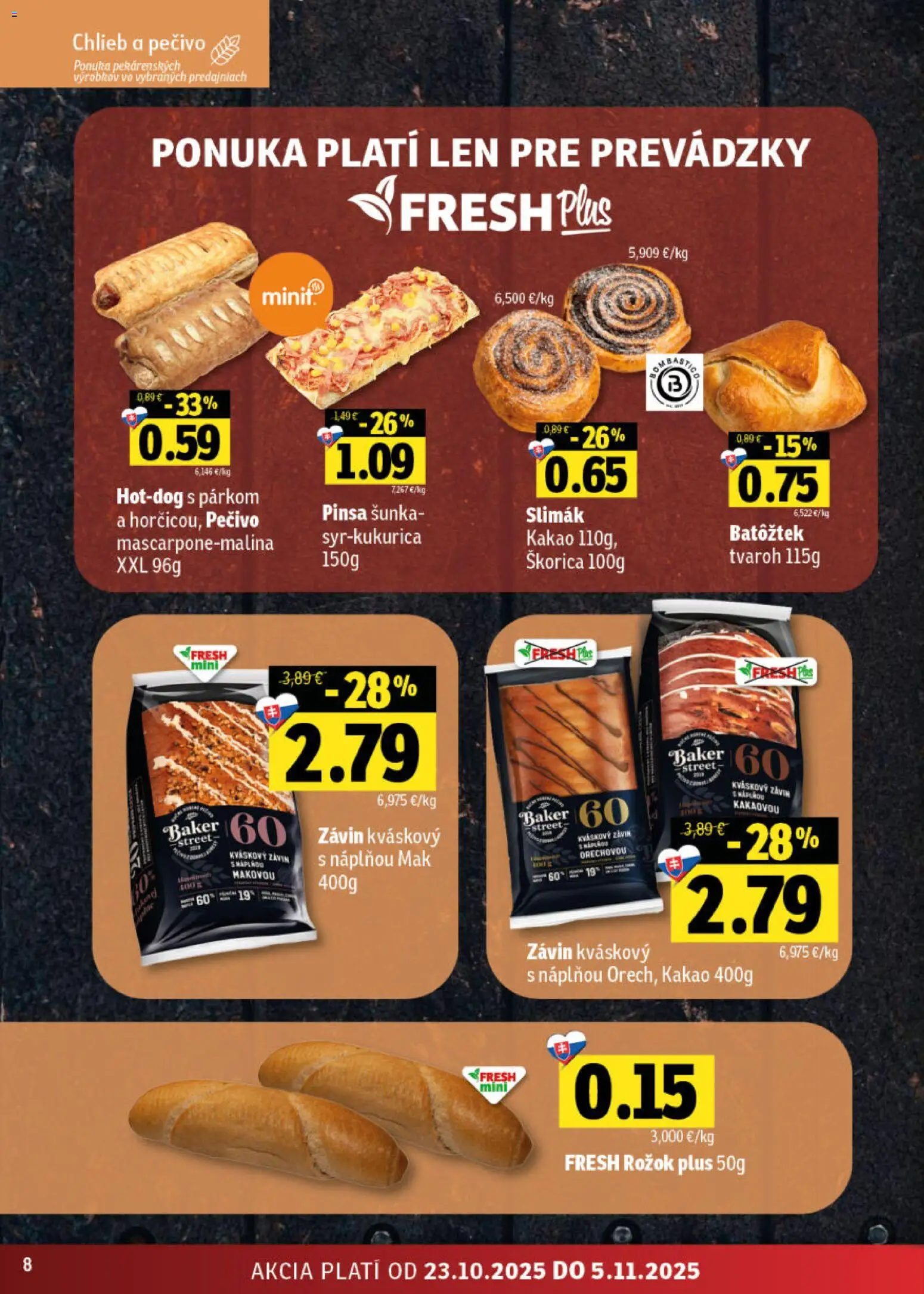 Nové Fresh akcie – leták je platný od 23.10.2025 | Strana: 8 | Produkty: Chlieb, Tvaroh, Mak, Kakao