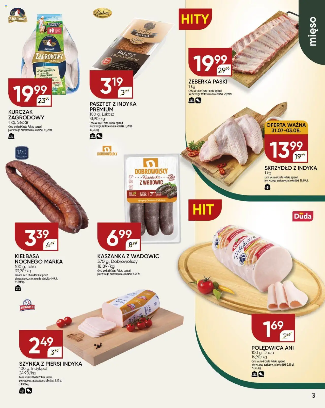 Chata Polska Gazetka od 31.07.2025 | Strona: 3 | Produkty: Piersi, Pasztet z indyka, Mięso, Szynka