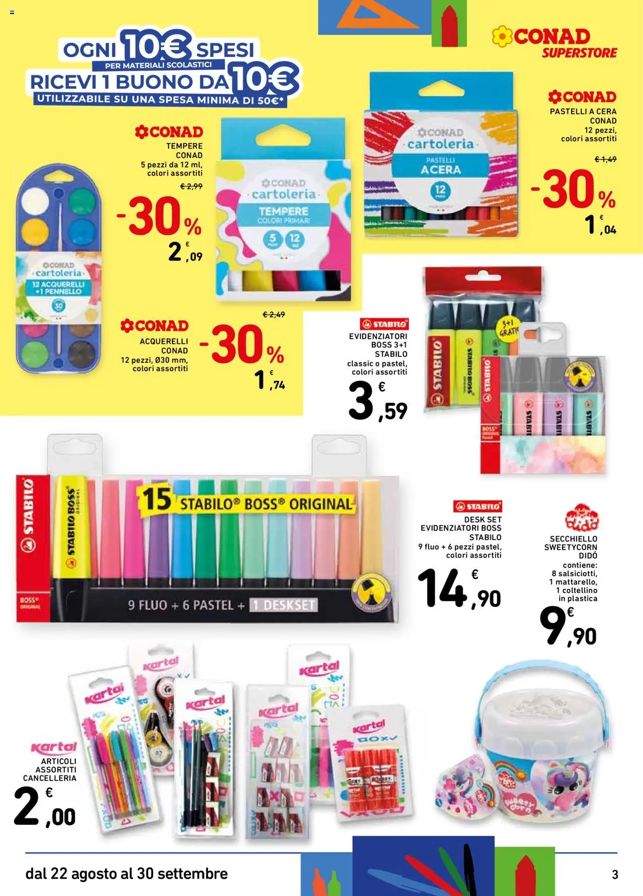 Volantino Conad del 22.08.2025 | Pagina: 3 | Prodotti: Pastelli a cera, Pennello, Pastelli