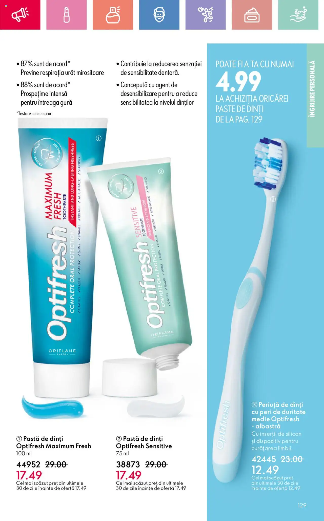 Oriflame catalog 11 2025 – valabil de la 27.07.2025 | Pagină: 129 | Produse: Pastă de dinți, Periuță de dinți, Paste