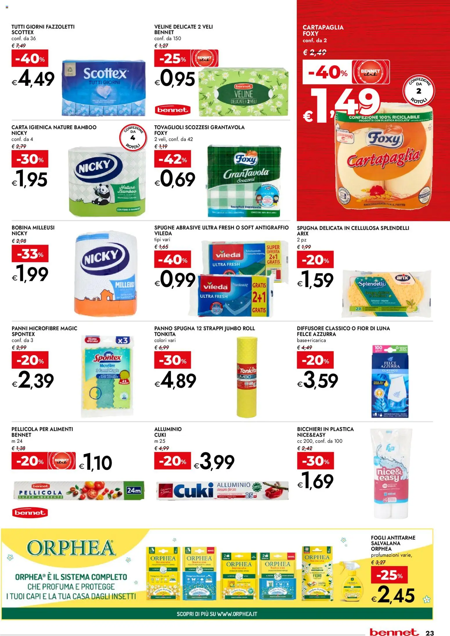Volantino bennet del 07.04.2026 | Pagina: 23 | Prodotti: Spugna, Carta igienica, Veline, Alluminio