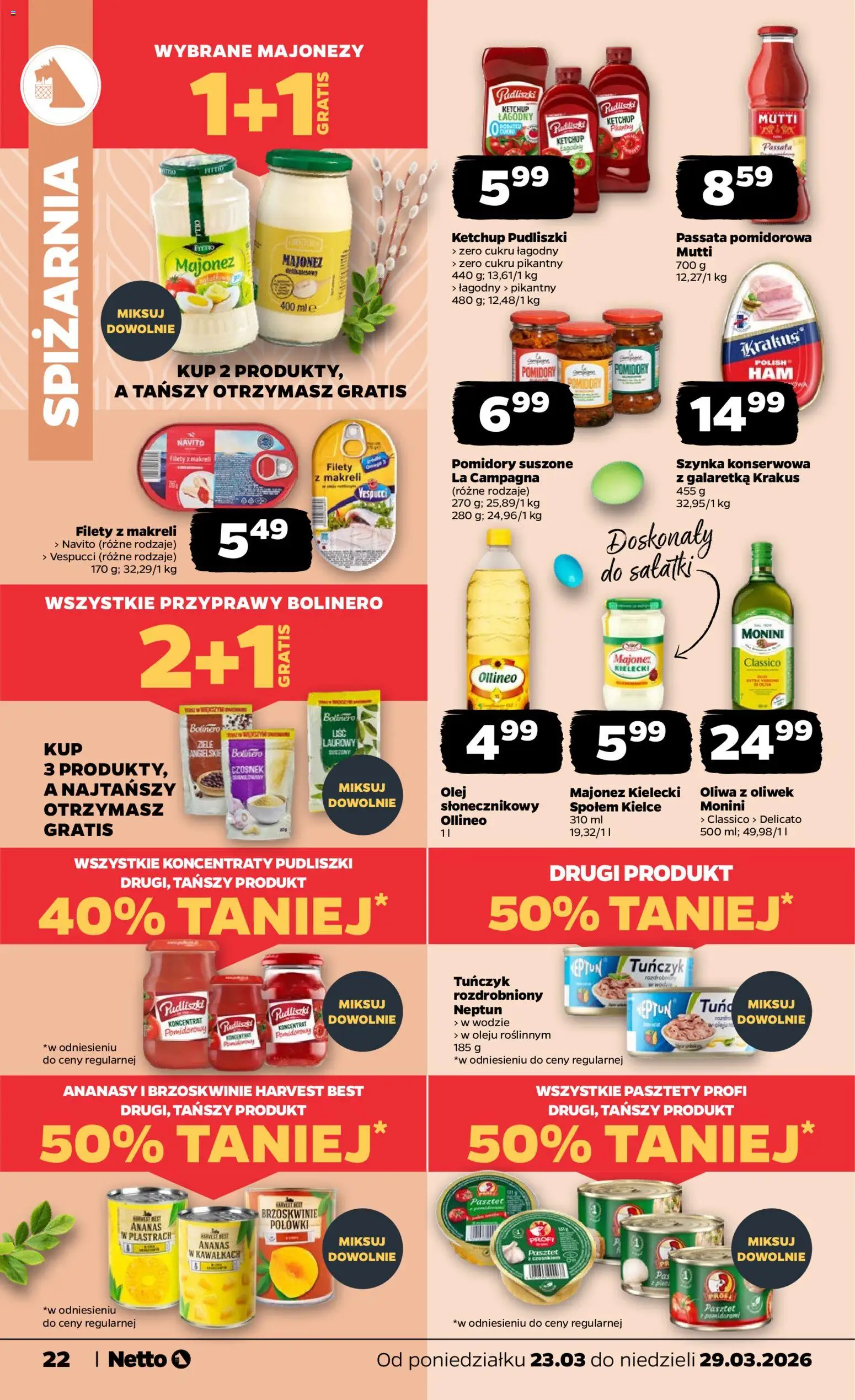 Netto gazetka od poniedziałku spożywcza od 23.03.2026 | Strona: 22 | Produkty: Ketchup pudliszki, Pomidory, Ananas, Brzoskwinie
