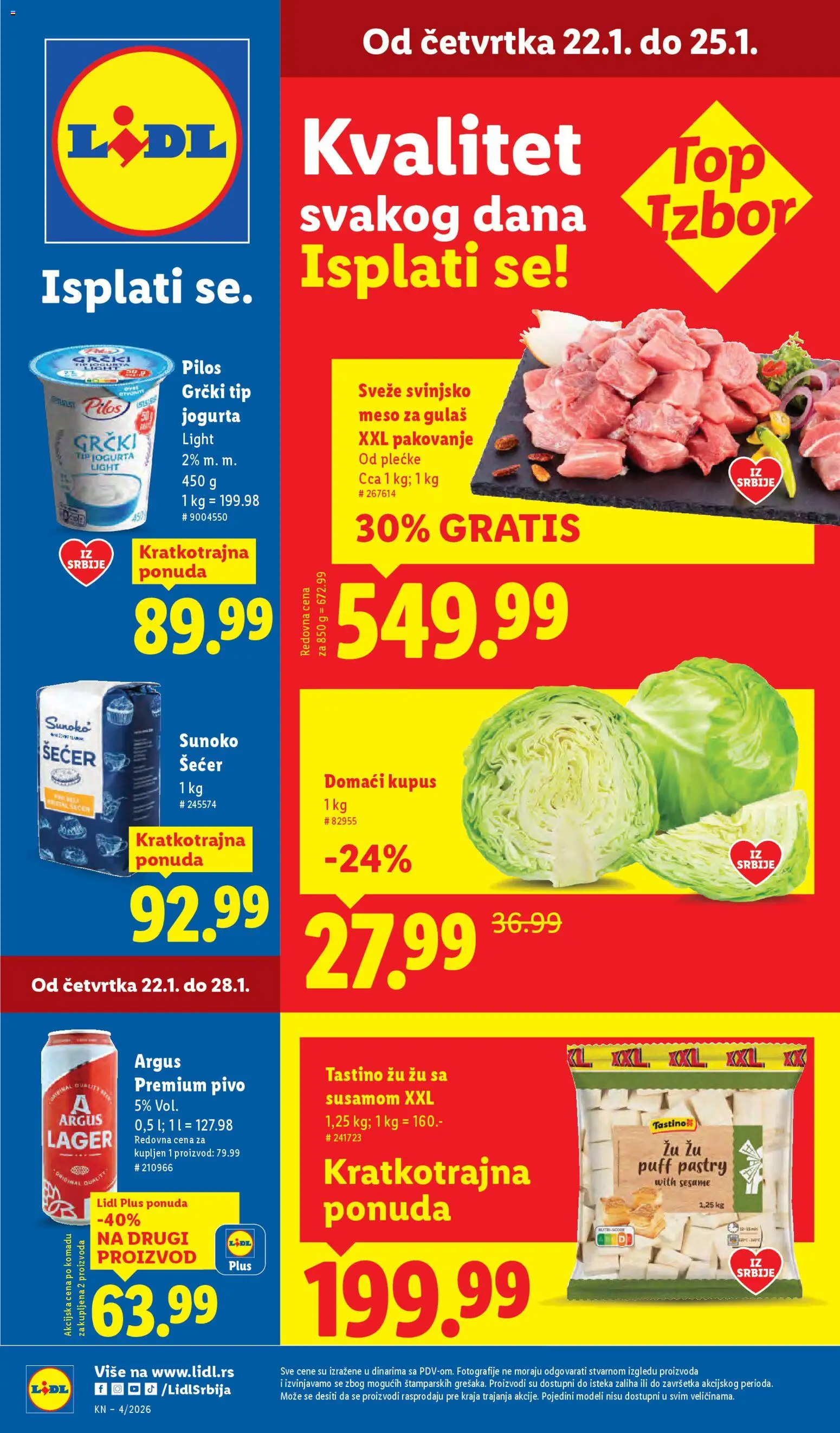Lidl katalog - važi od 22.01.2026 | Strana: 1 | Proizvode: Šećer, Svinjsko meso, Pakovanje, Meso za gulaš