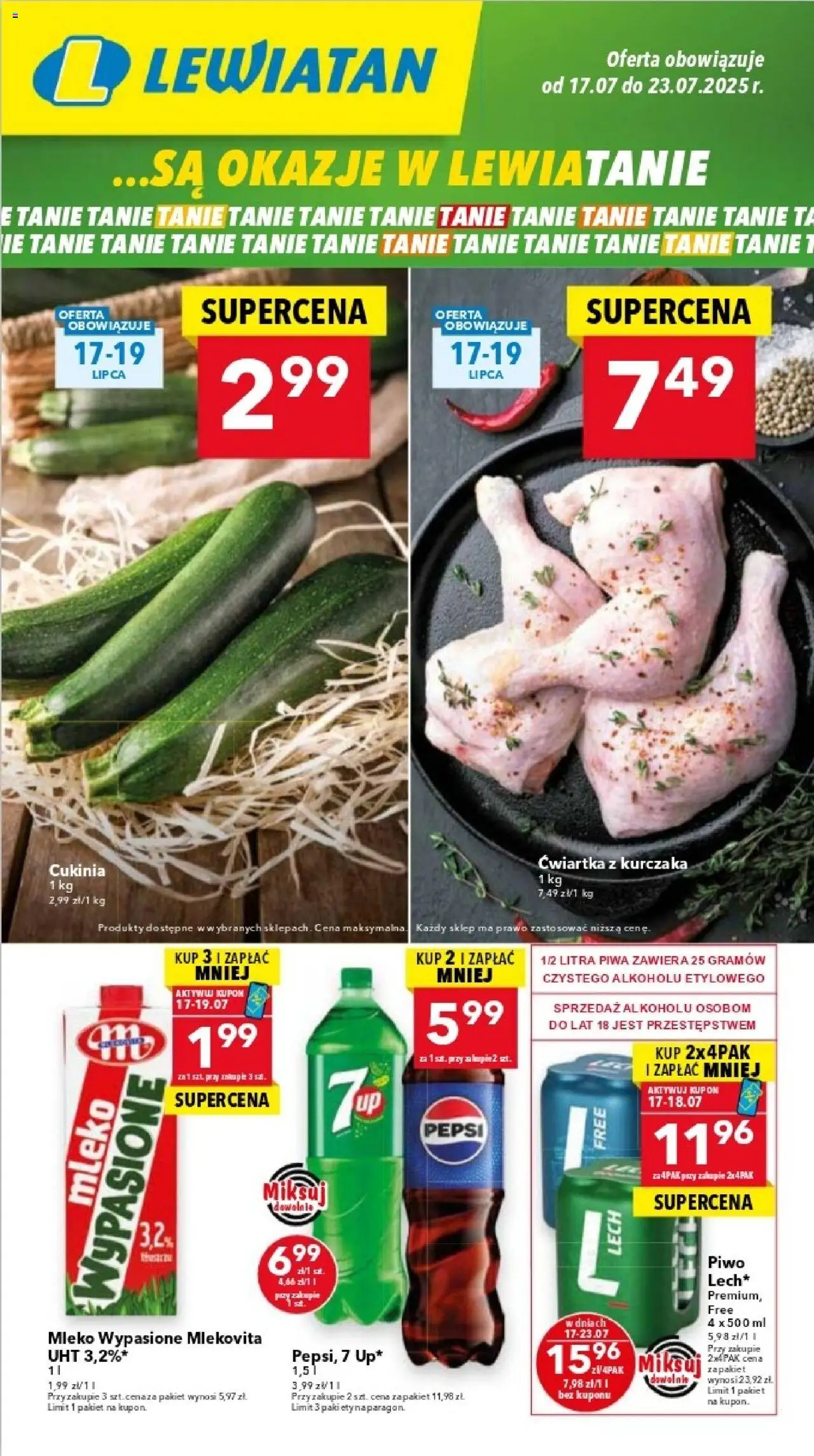 Lewiatan gazetka - Katowice od 17.07.2025 | Strona: 1 | Produkty: Pepsi, Cukinia, Mleko, Piwo