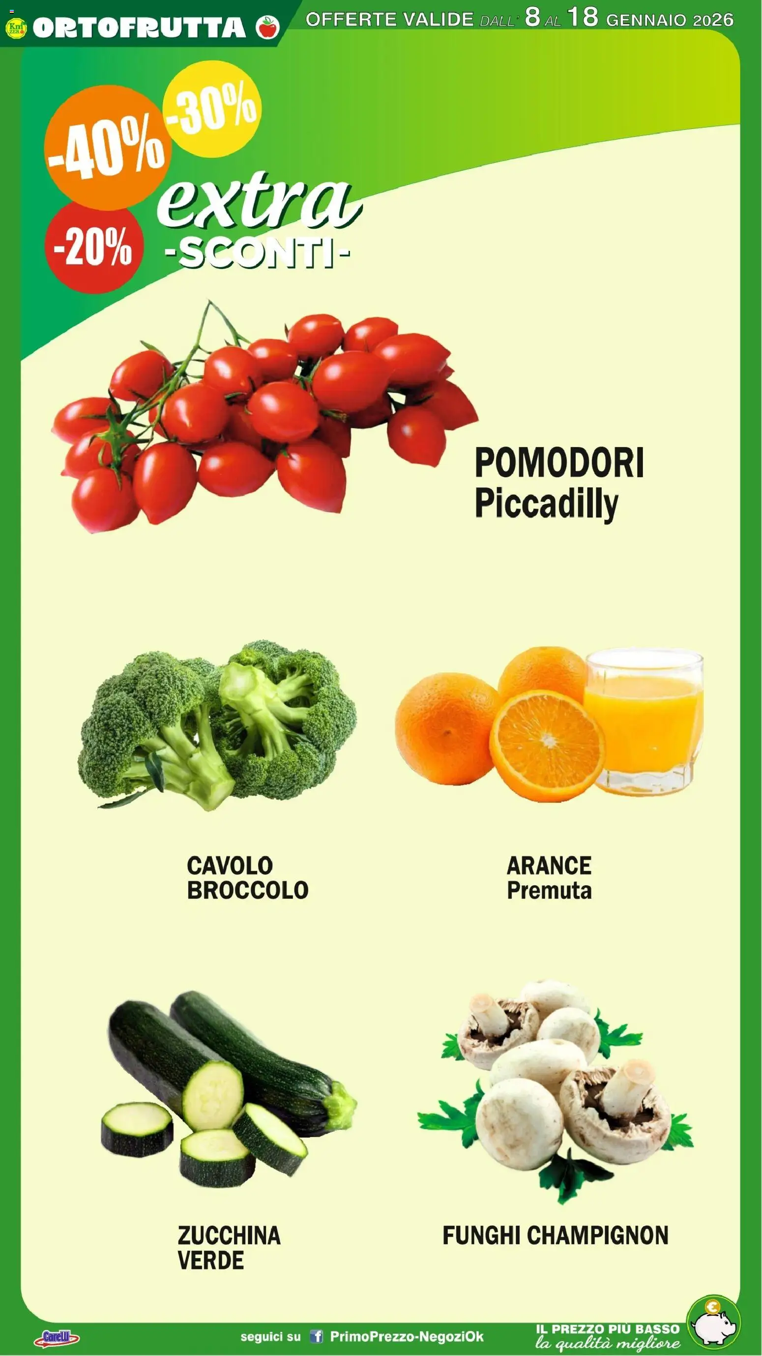 Volantino Primo Prezzo del 08.01.2026 | Pagina: 27 | Prodotti: Arance, Pomodori, Cavolo, Funghi