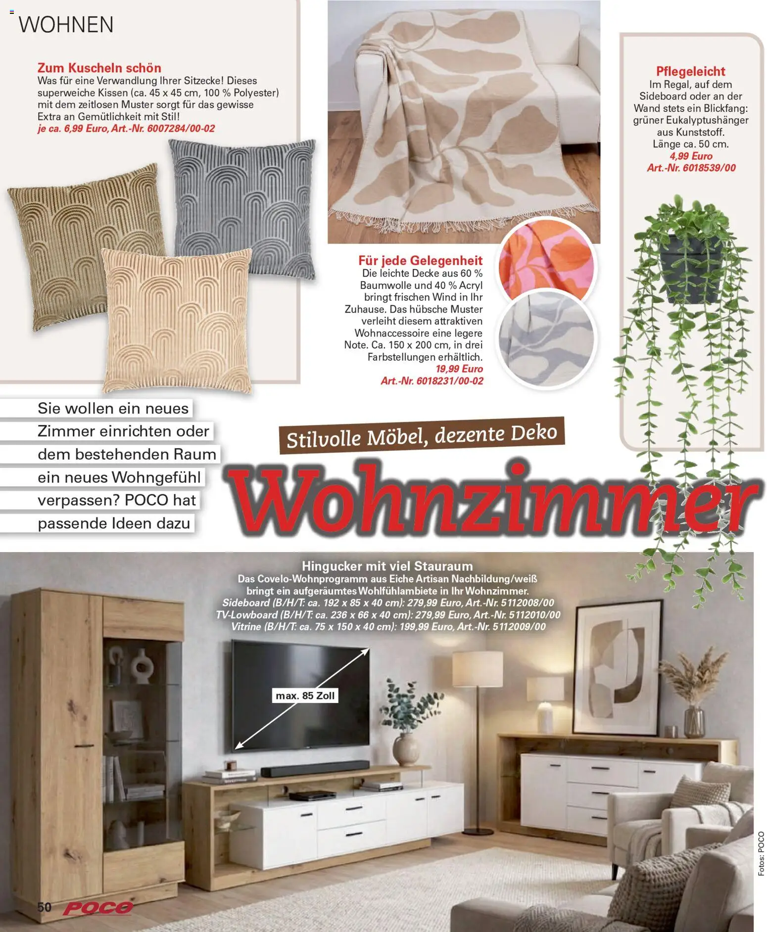 Poco Prospekt Wohnwelt Frühling 2026 – gültig ab 16.02.2026 | Seite: 50 | Produkte: Sideboard, Kissen, Decke, Vitrine